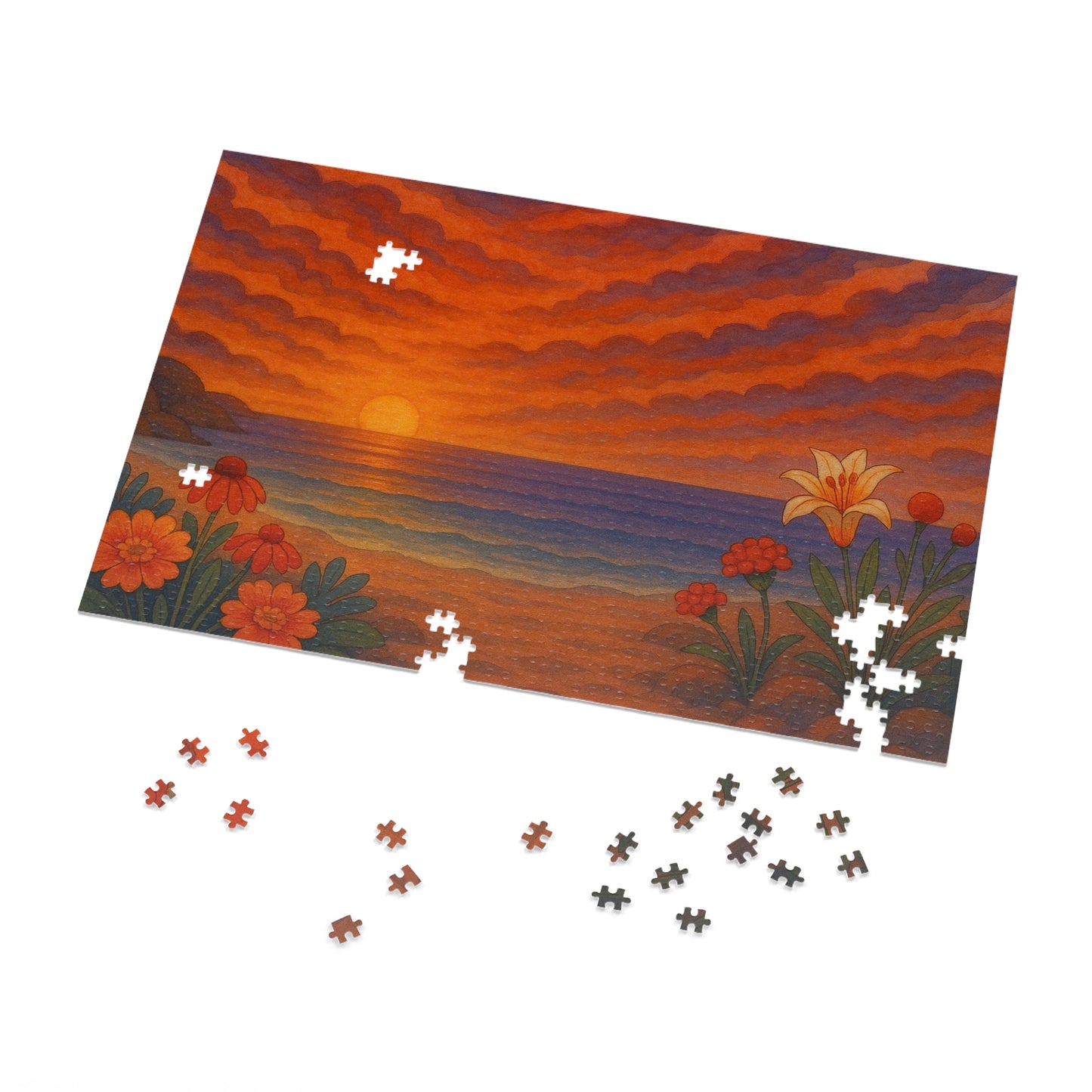 Jigsaw Puzzle: Floral Ocean Sunset Nautical Puzzle Seaside Game Family Fun Night
