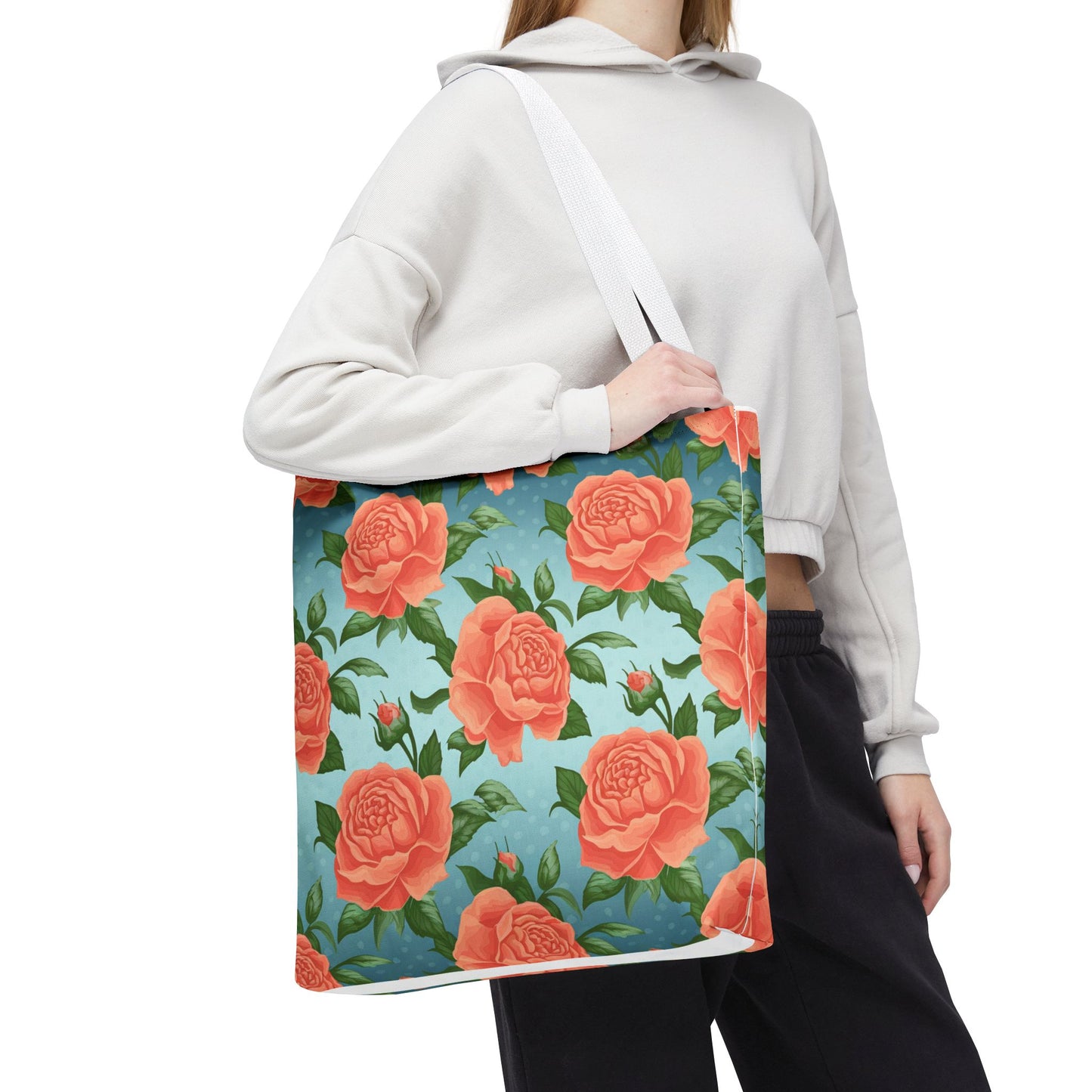 Vintage Floral Tote Bag – Coral Rose Pattern on Blue Background – Aesthetic Everyday Carry Bag – Reusable Fabric Market Tote Gift