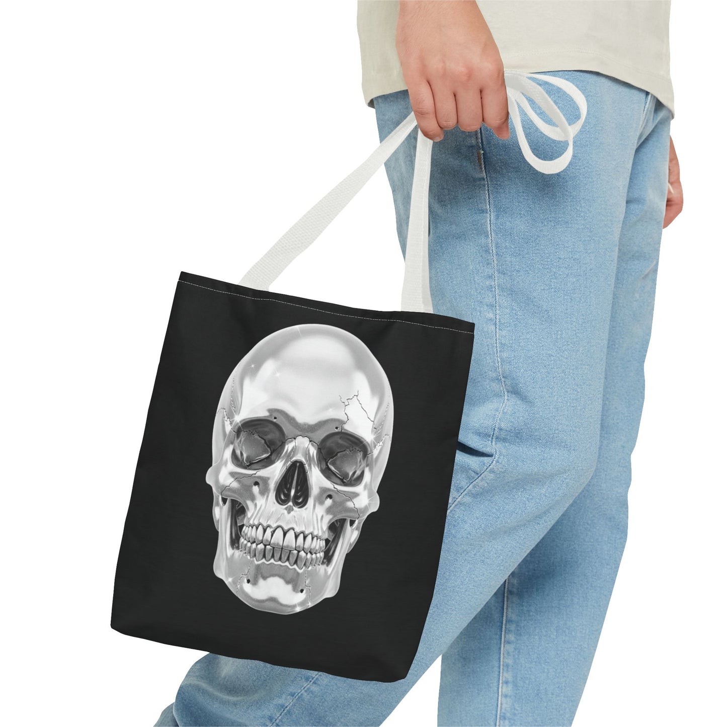 Chrome Skull Tote Bag, Gothic Halloween Canvas Tote, Metallic Skull Design Bag, Spooky Season Accessory, Skull Gift Tote For Horror Fans