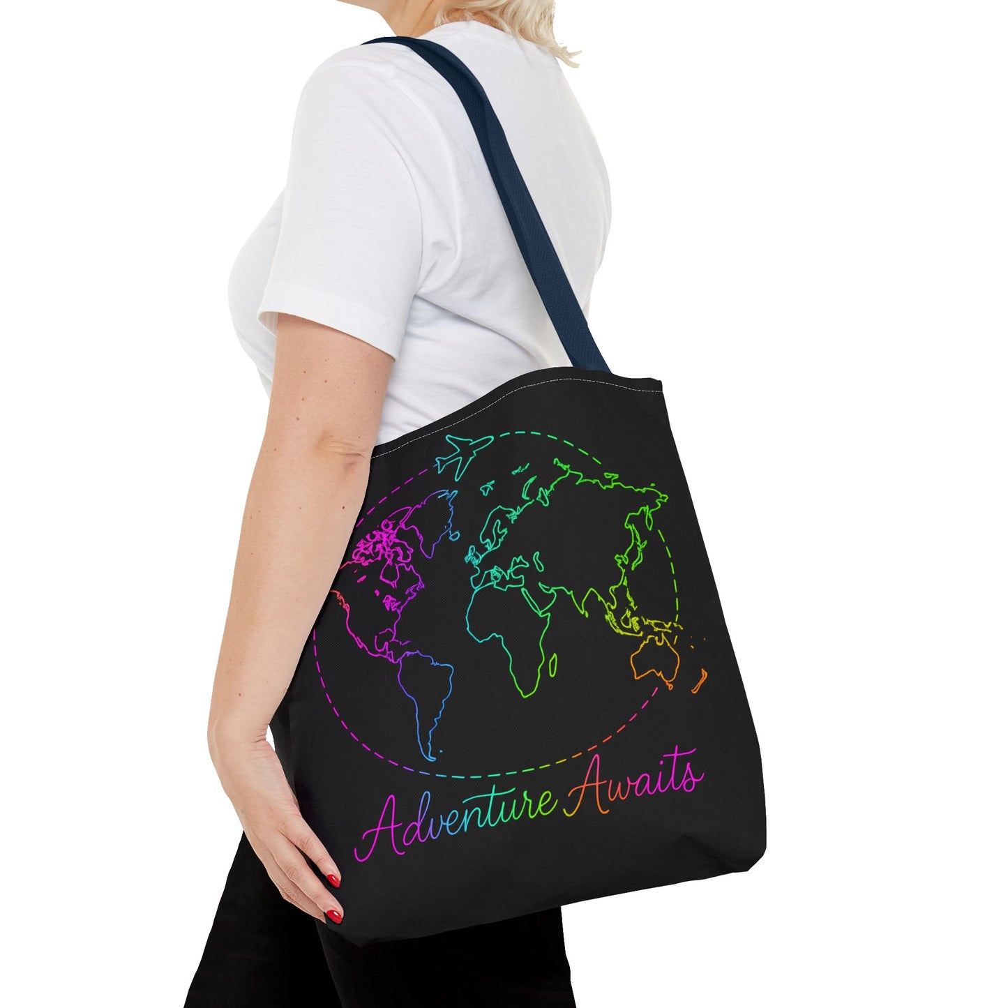 Adventure Awaits Neon Tote Bag - Y2K Rainbow World Map and Plane Travel Tote, Reusable Canvas Tote for Airport, Beach, Market + Gift