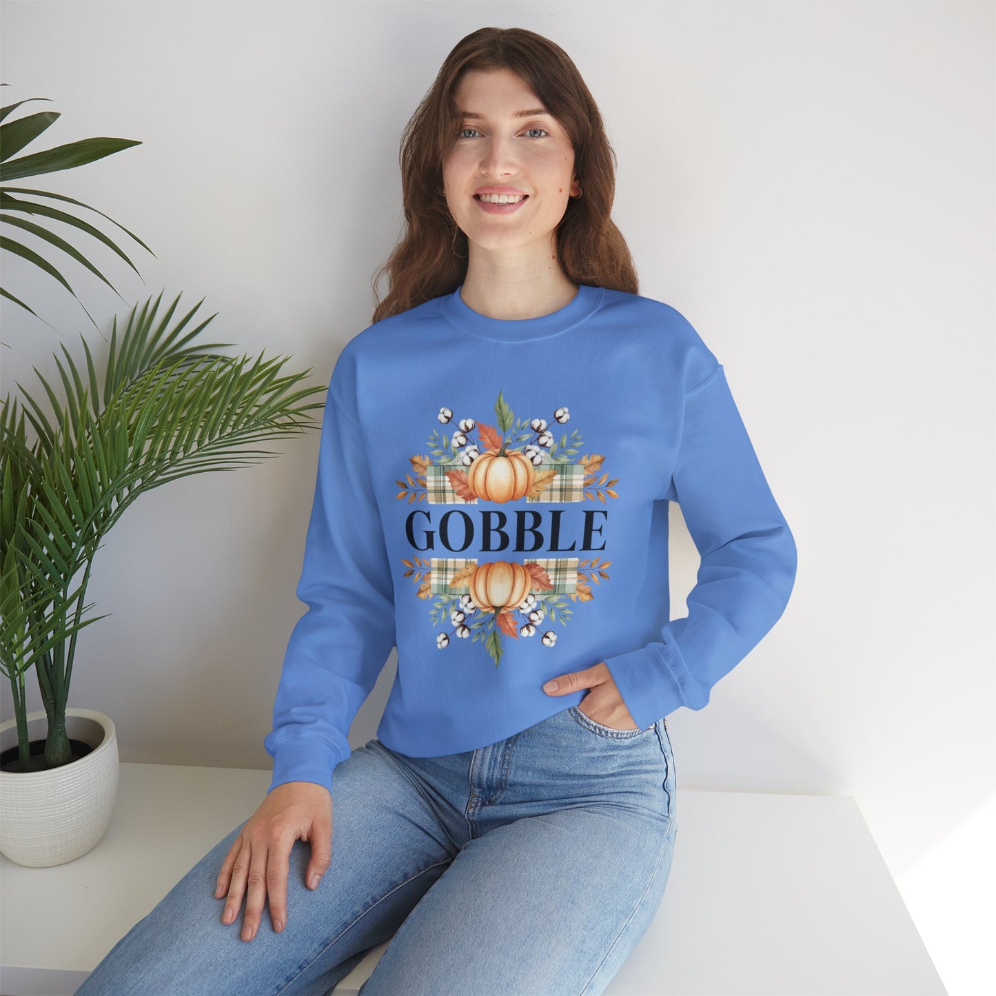 Gobble Turkey Sweatshirt, Thanksgiving Gobble Crewneck, Autumn Pumpkin Leaves Pullover, Fall Graphic Sweatshirt, Cozy Turkey Shirt