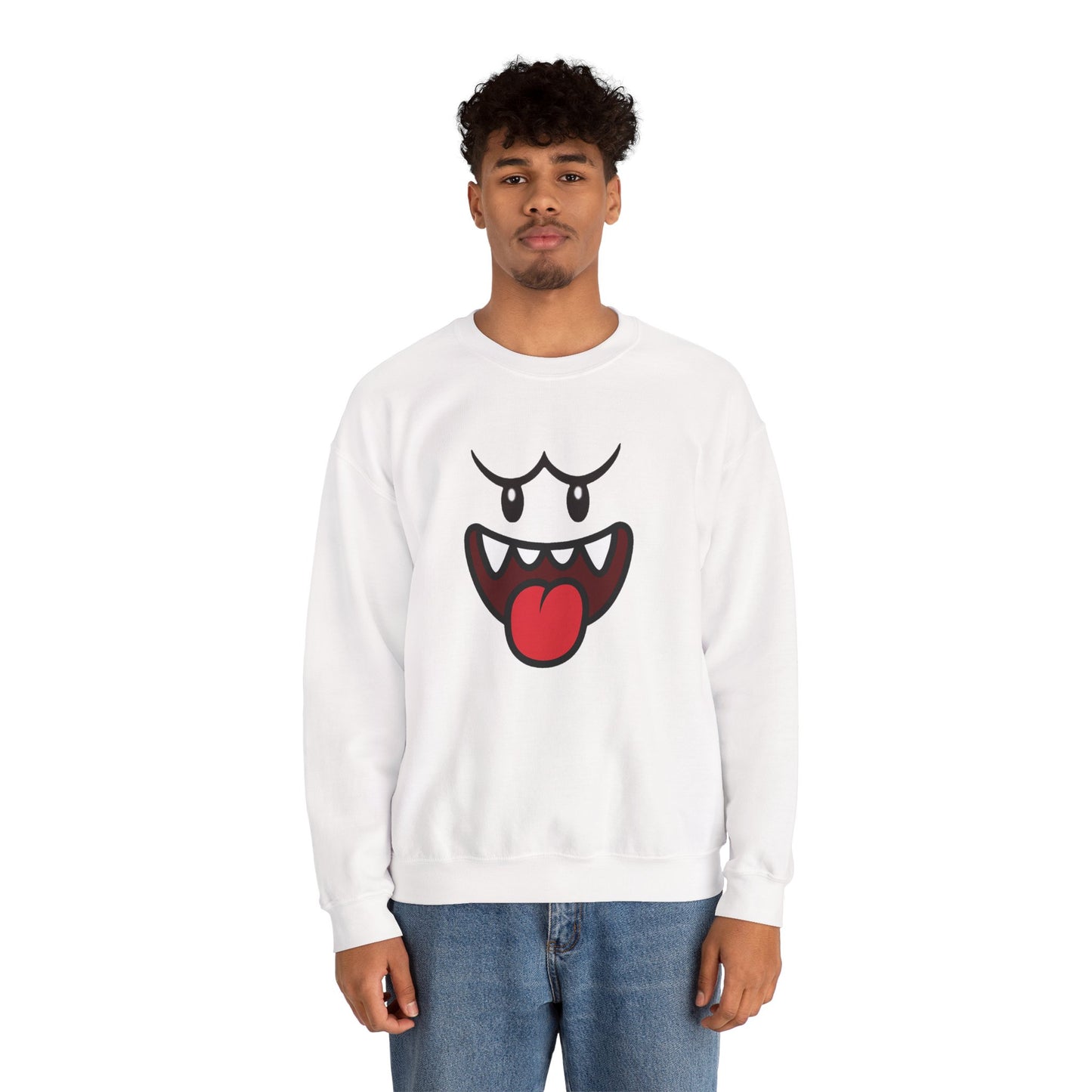 Spooky Grin Sweatshirt, Cartoon Ghost Face Crewneck, Halloween Grinning Ghost Sweatshirt, Cute Monster Smile Pullover, Spooky Season Graphic Sweat