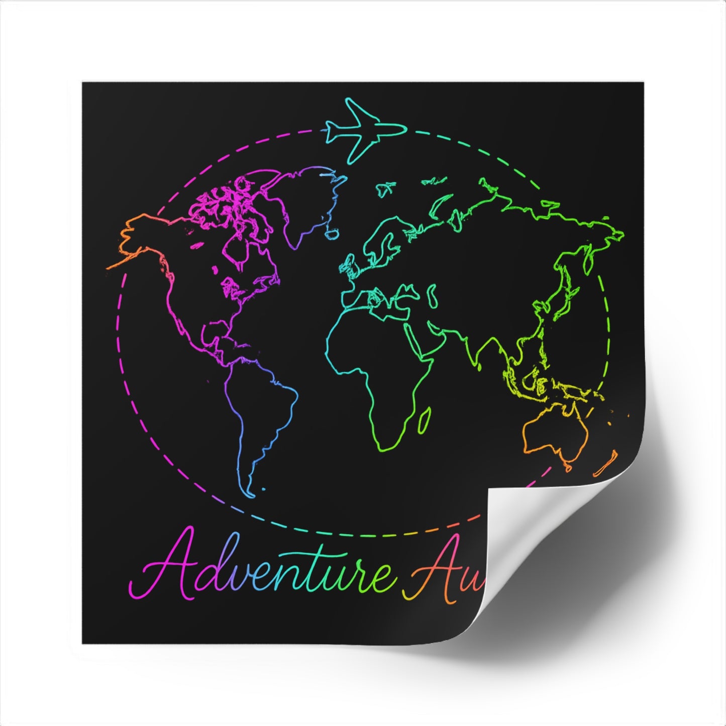 Adventure Awaits Neon Travel Sticker - Y2K Rainbow World Map Vinyl Decal for Luggage, Laptop and Water Bottle - Wanderlust Aesthetic