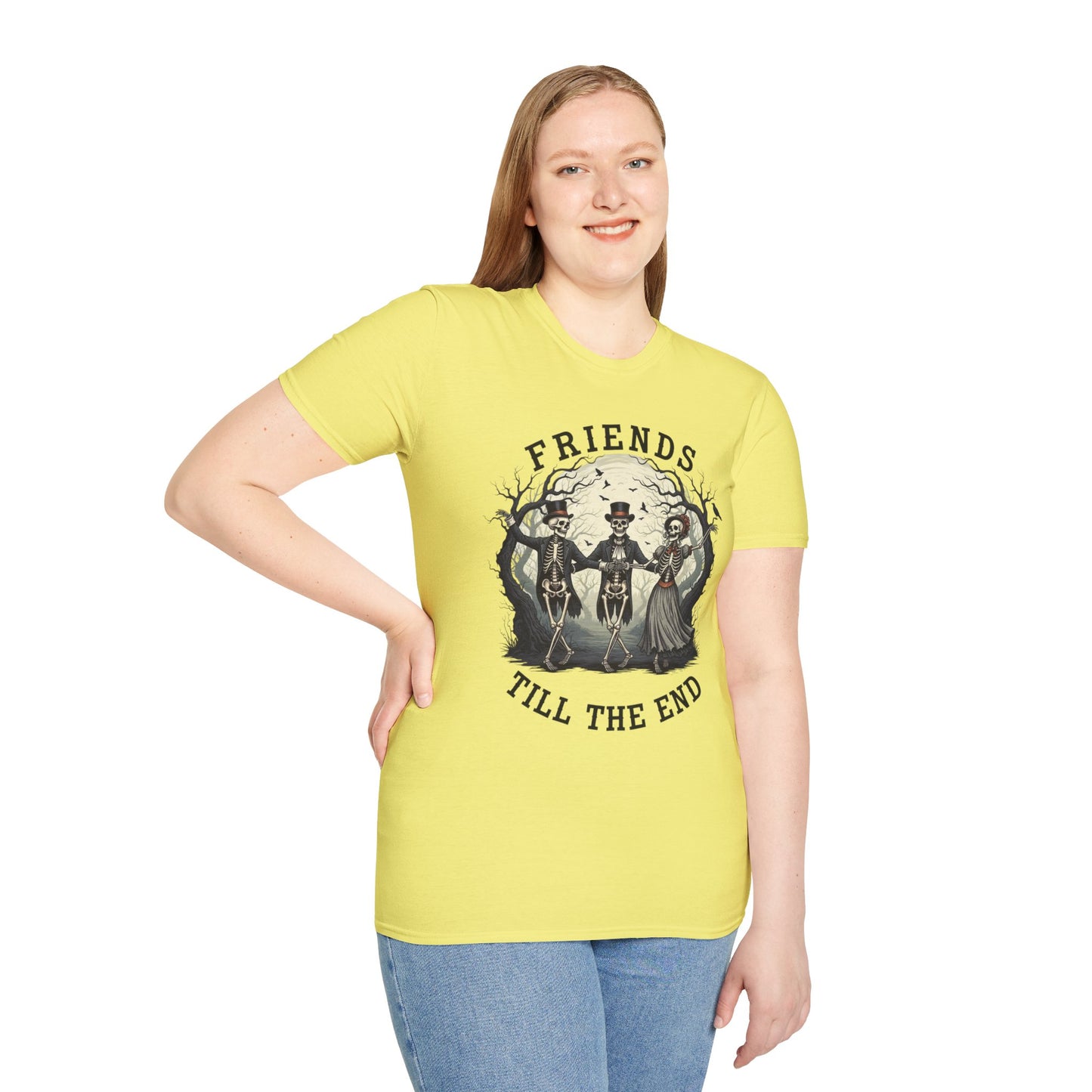 Friends Till The End Skeleton Tee | Dancing Skeleton Friends Shirt | Halloween Gothic BFF Gift | Unisex Heather Grey Graphic T-Shirt