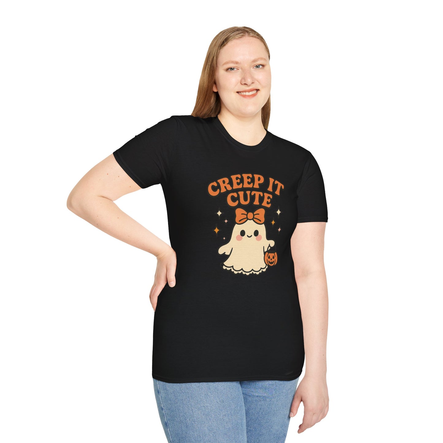 Creep It Cute Ghost Halloween Shirt - Kawaii Ghost Tee with Bow and Pumpkin, Spooky-Cute Fall Graphic T-Shirt, Spooky Season Halloween Top