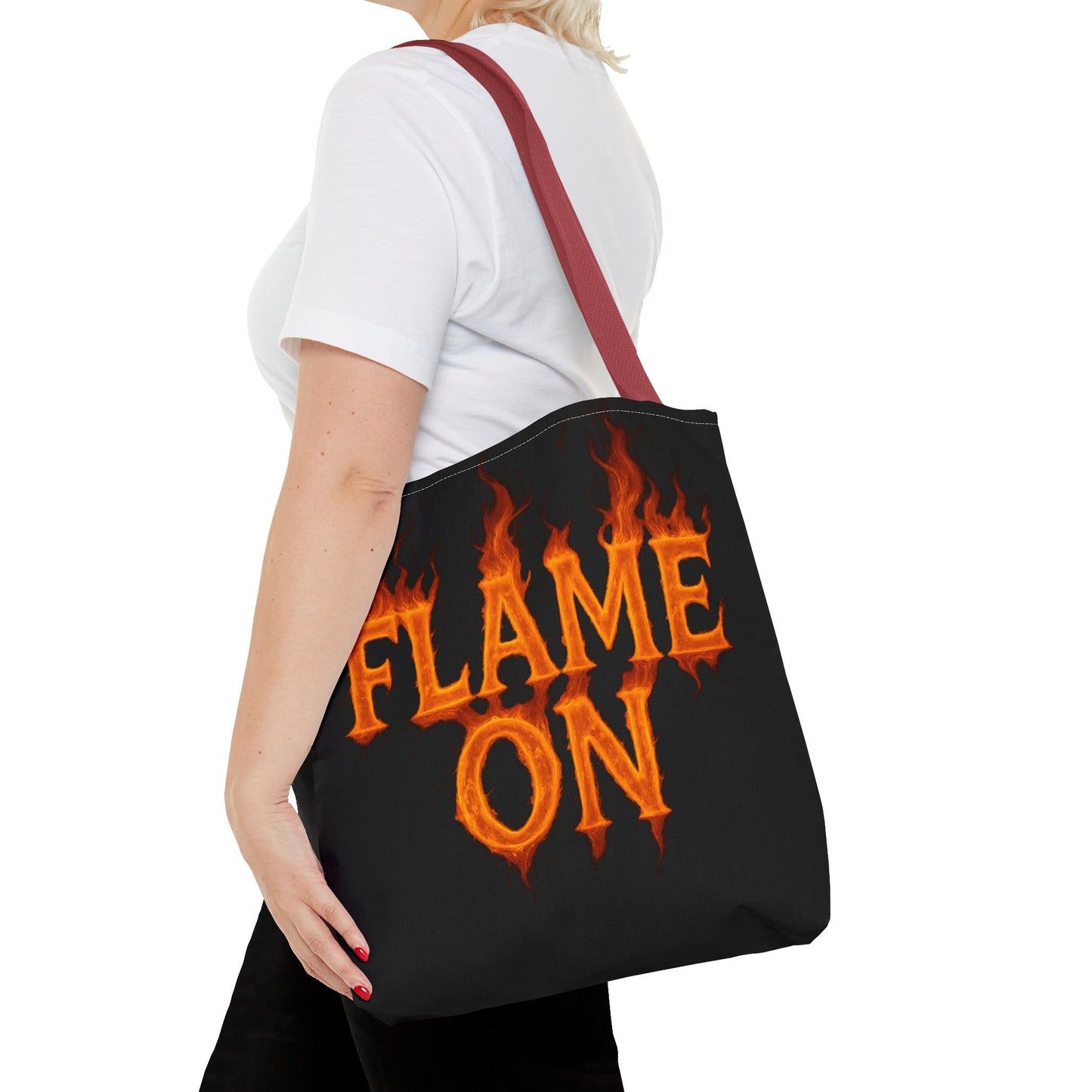 Flame On Tote Bag - Fire Typography Black Bag for Book Lovers, Gym, or Groceries | Bold Comic-Inspired Catchphrase Tote