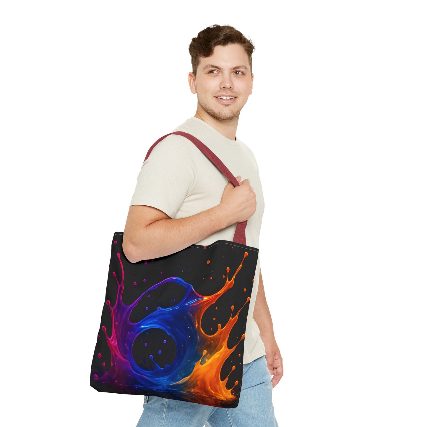 Elemental Fusion Tote Bag, Fire And Water Abstract Art Design, Vibrant Blue And Orange Splash Reusable Tote For Artists, Travel, And Everyday Use