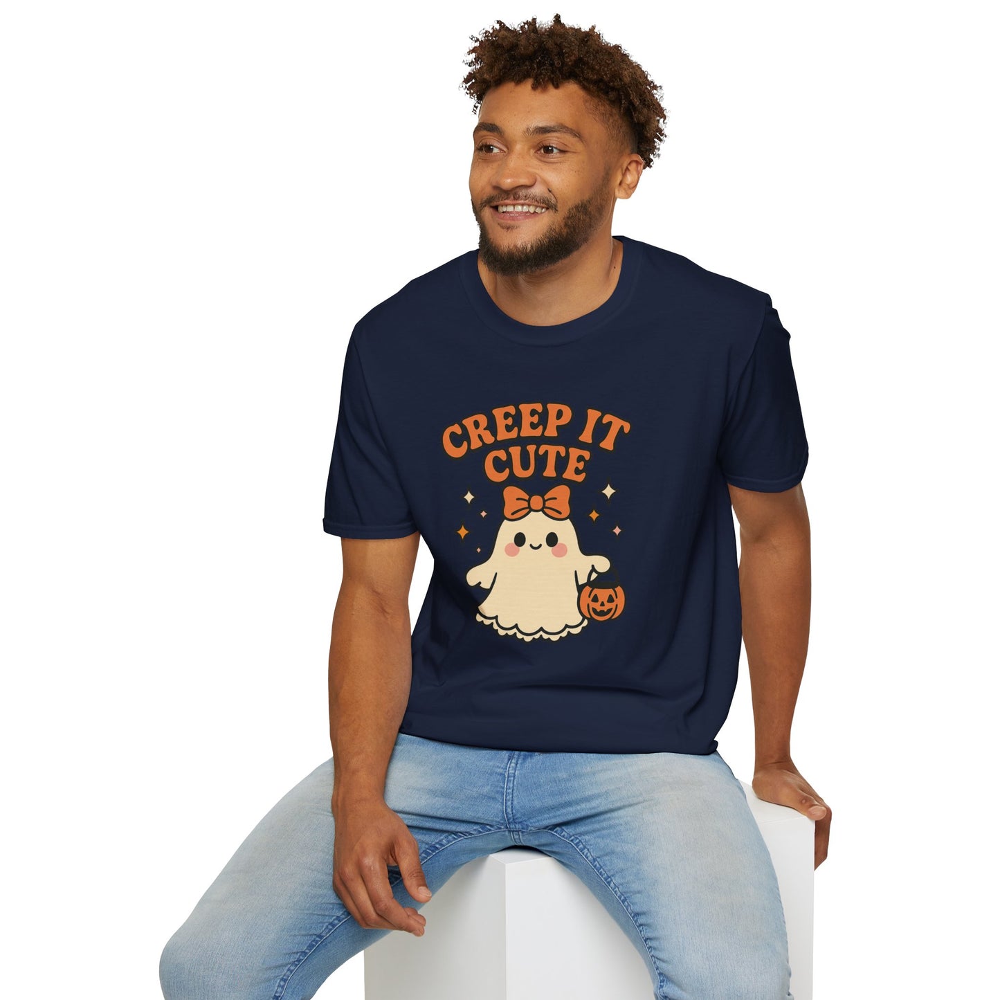 Creep It Cute Ghost Halloween Shirt - Kawaii Ghost Tee with Bow and Pumpkin, Spooky-Cute Fall Graphic T-Shirt, Spooky Season Halloween Top