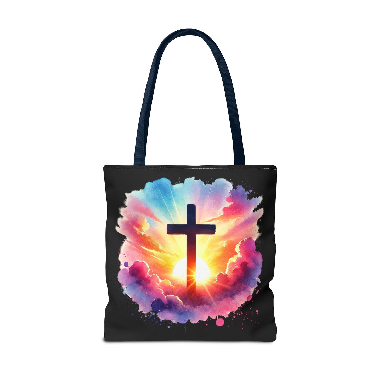 Inspirational Watercolor Sunrise Cross Tote Bag – Faith Art Canvas Tote, Christian Gift, Spiritual Aesthetic, Colorful Bible Verse Tote – Reusable Black Tote