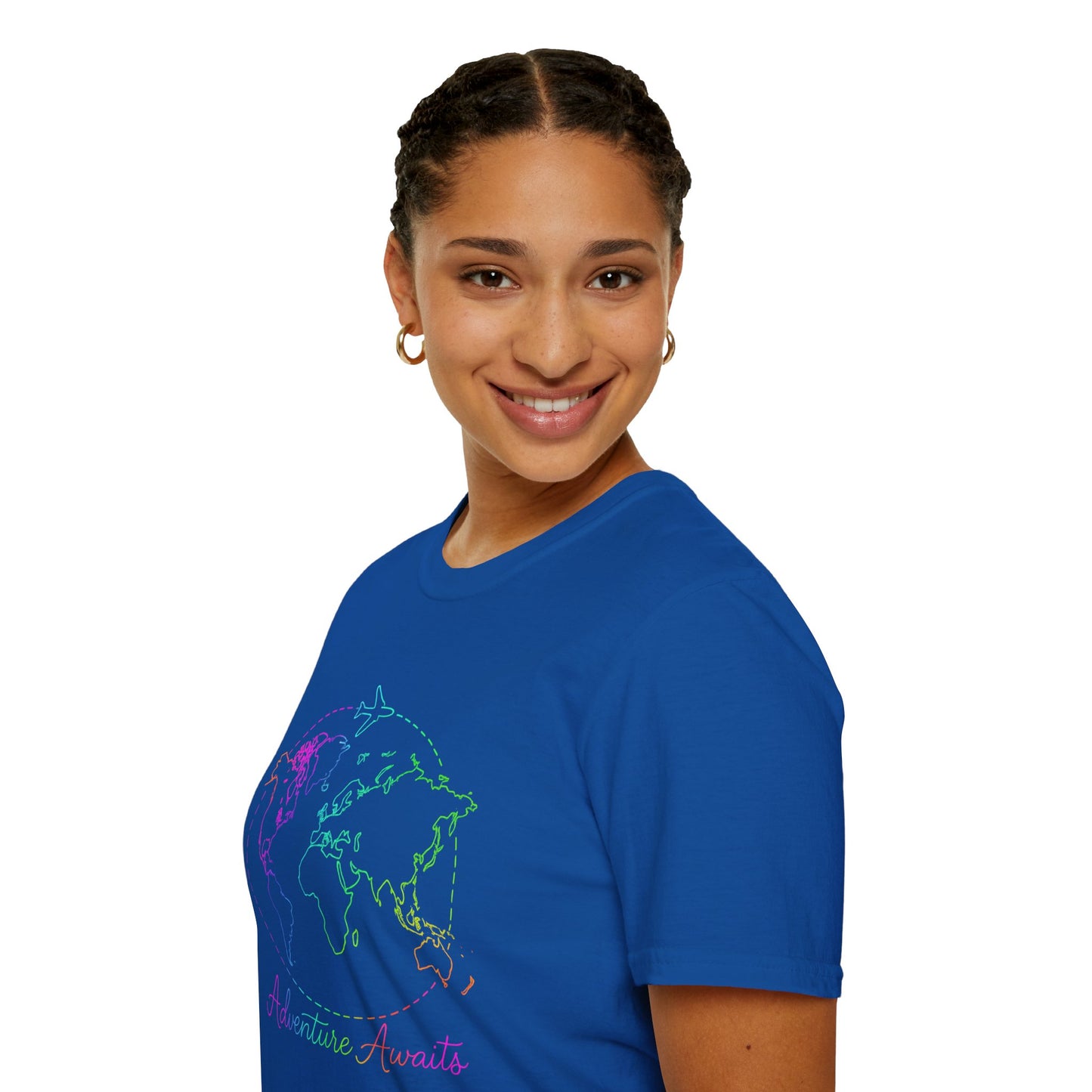 Adventure Awaits Neon Y2K Shirt - Retro Travel Tee, Rainbow Globe Graphic, Aesthetic Vacation Top, Y2K Gift for Travelers