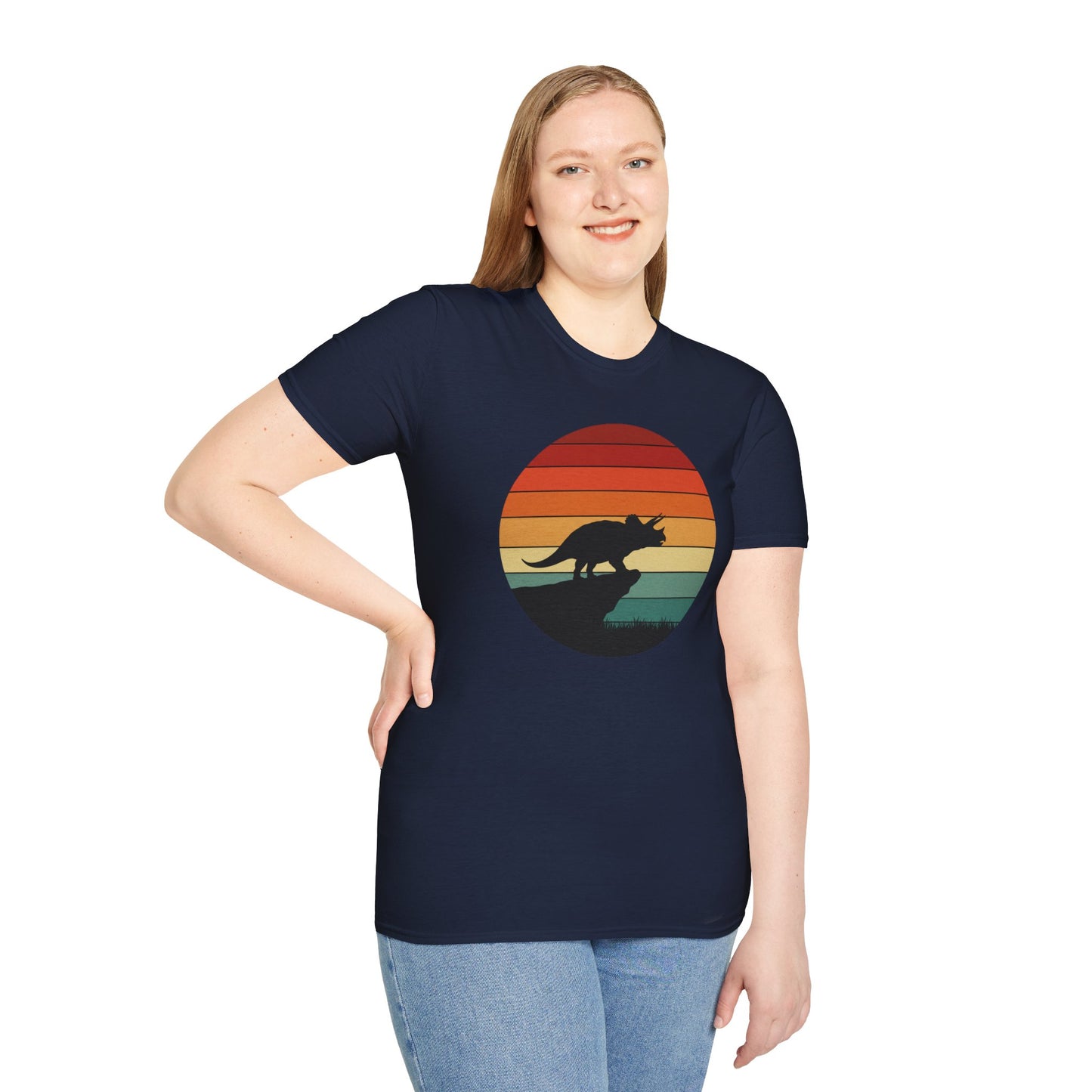 Retro Triceratops Sunset T-Shirt - Vintage Dino Graphic Tee - Unisex Softstyle Dinosaur Shirt - Nature and Prehistoric Lover Gift