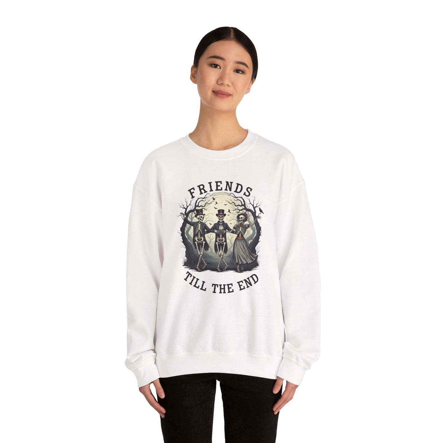 Friends Till The End Skeleton Sweatshirt | Dancing Skeletons Halloween Crewneck | Spooky Fall Graphic Pullover Gift for Bestie