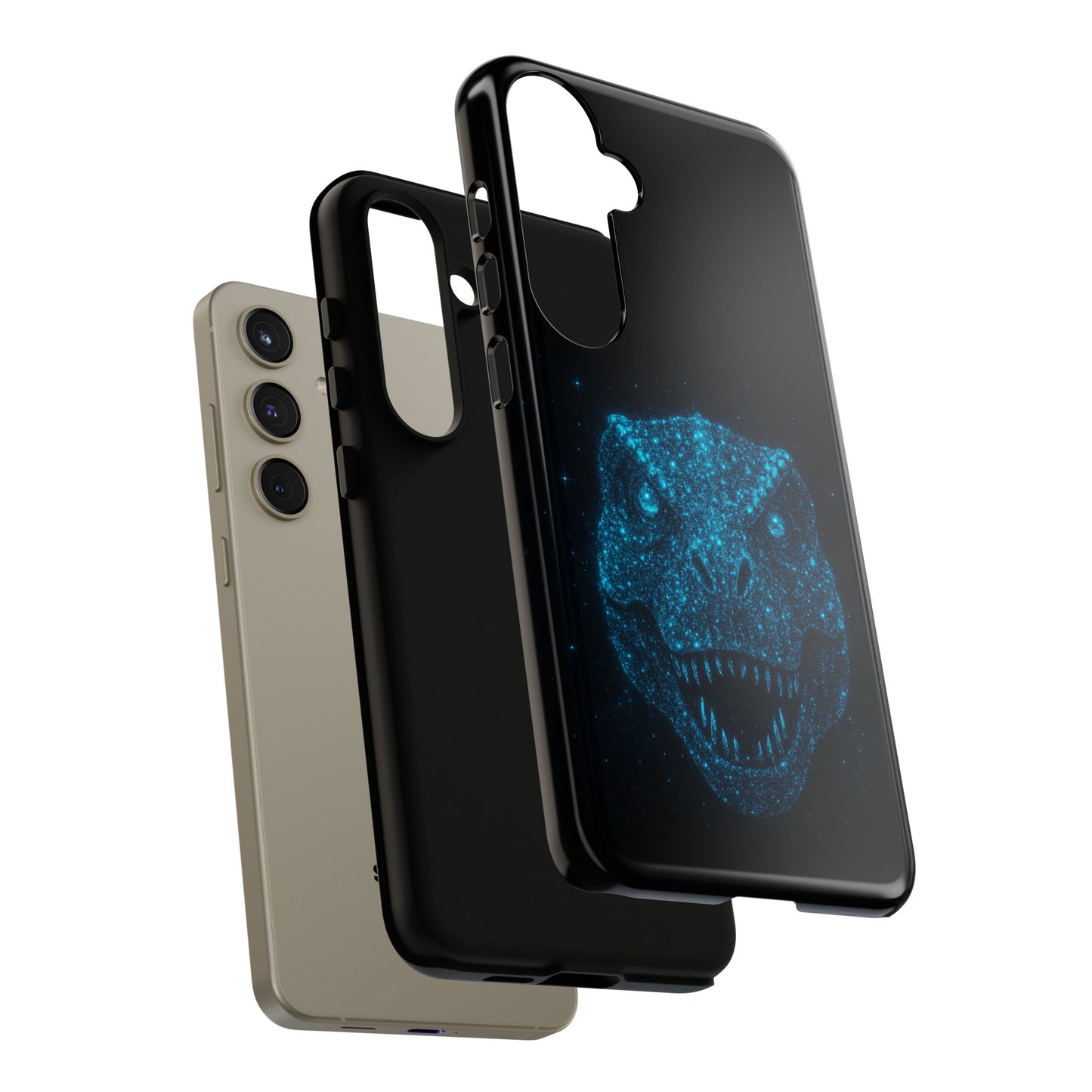 Bioluminescent T-Rex Samsung Case - Galaxy Tough Dual-Layer Cover, Cosmic Dino Particle Design, S25 S24 S23 Gift