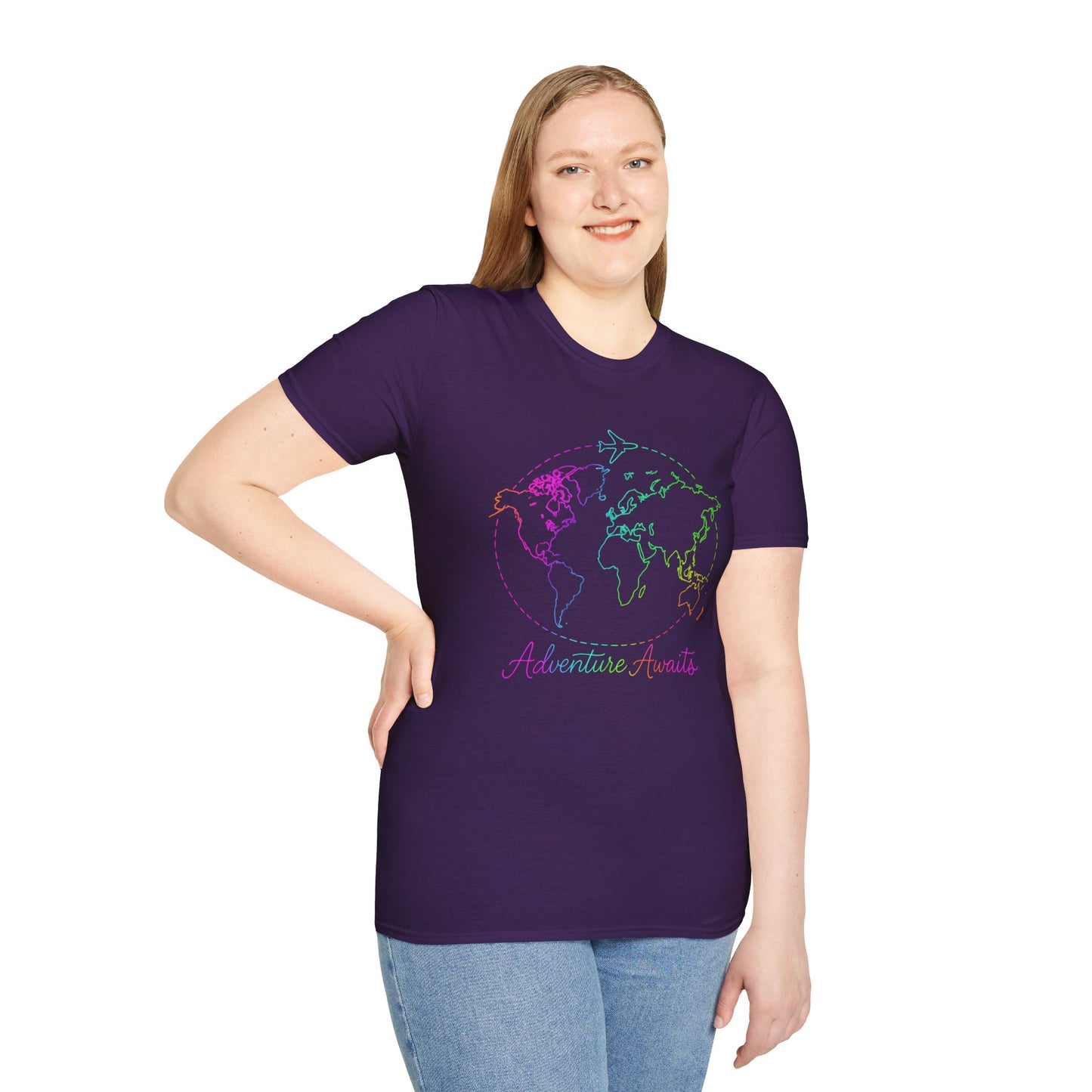 Adventure Awaits Neon Y2K Shirt - Retro Travel Tee, Rainbow Globe Graphic, Aesthetic Vacation Top, Y2K Gift for Travelers