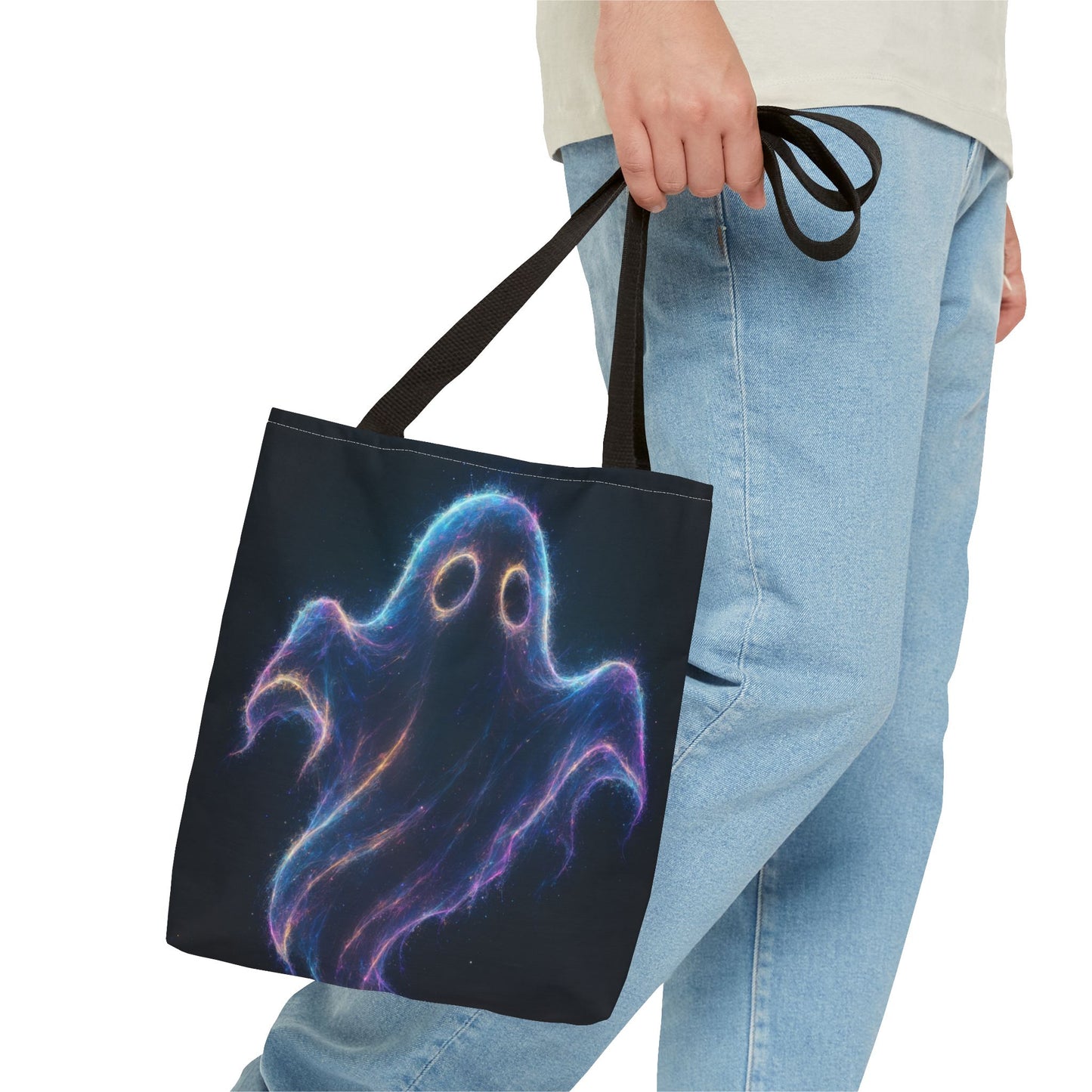 Neon Ghost Tote Bag, Spooky Halloween Canvas Tote, Glowing Cosmic Ghost Design Bag, Reusable Trick Or Treat Tote, Gothic Gift Accessory