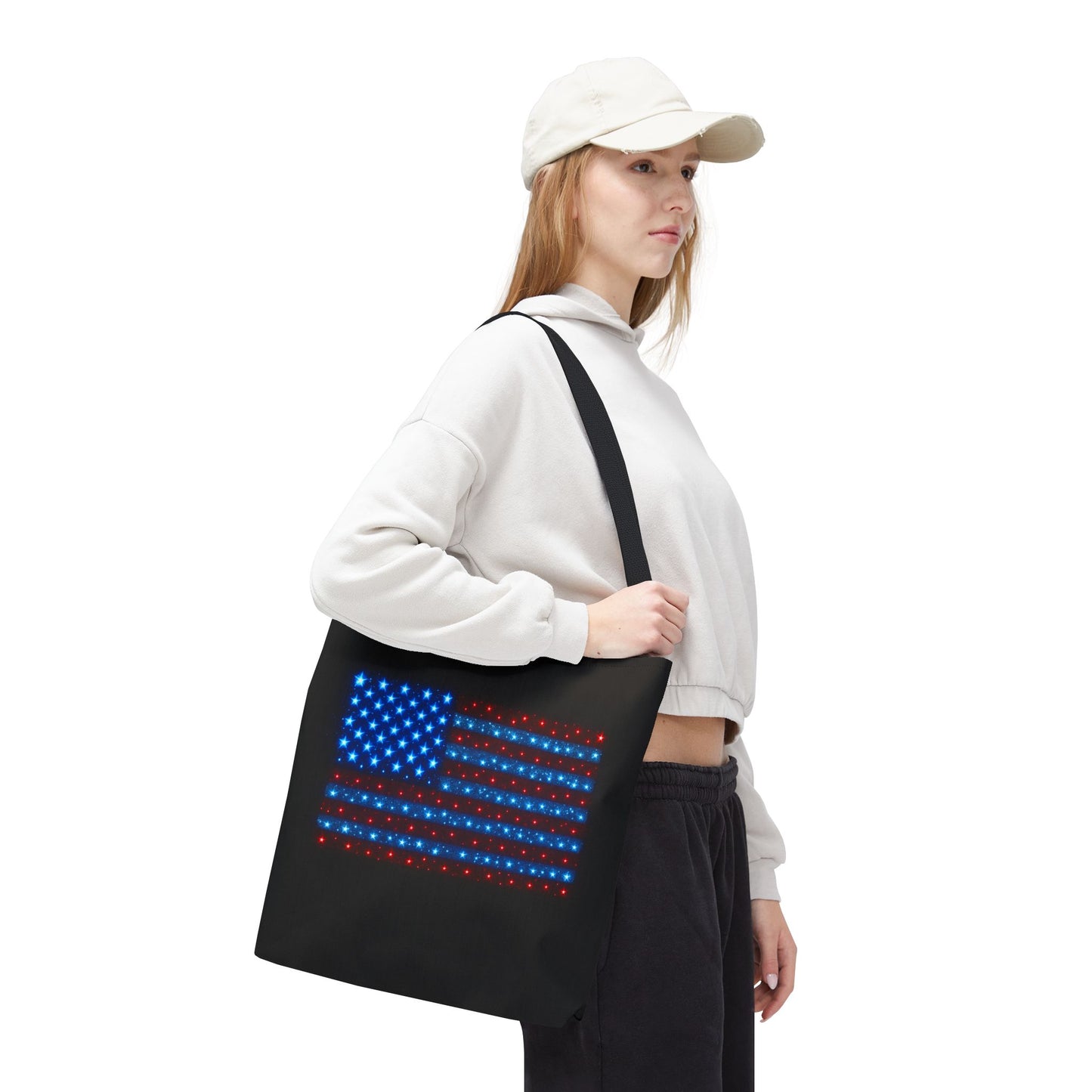 Galaxy Bioluminescent USA Flag Tote Bag - Patriotic Cosmic Canvas Shopper - Starry Red White Blue Tote Non-Glow - 4th July Gift