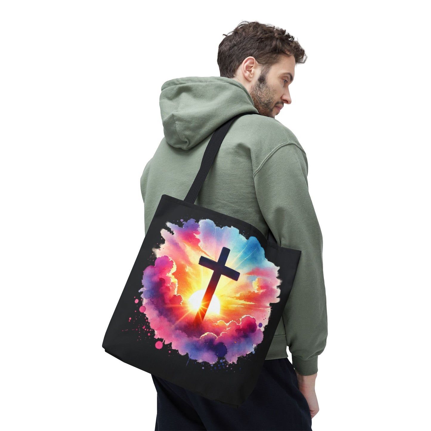 Inspirational Watercolor Sunrise Cross Tote Bag – Faith Art Canvas Tote, Christian Gift, Spiritual Aesthetic, Colorful Bible Verse Tote – Reusable Black Tote