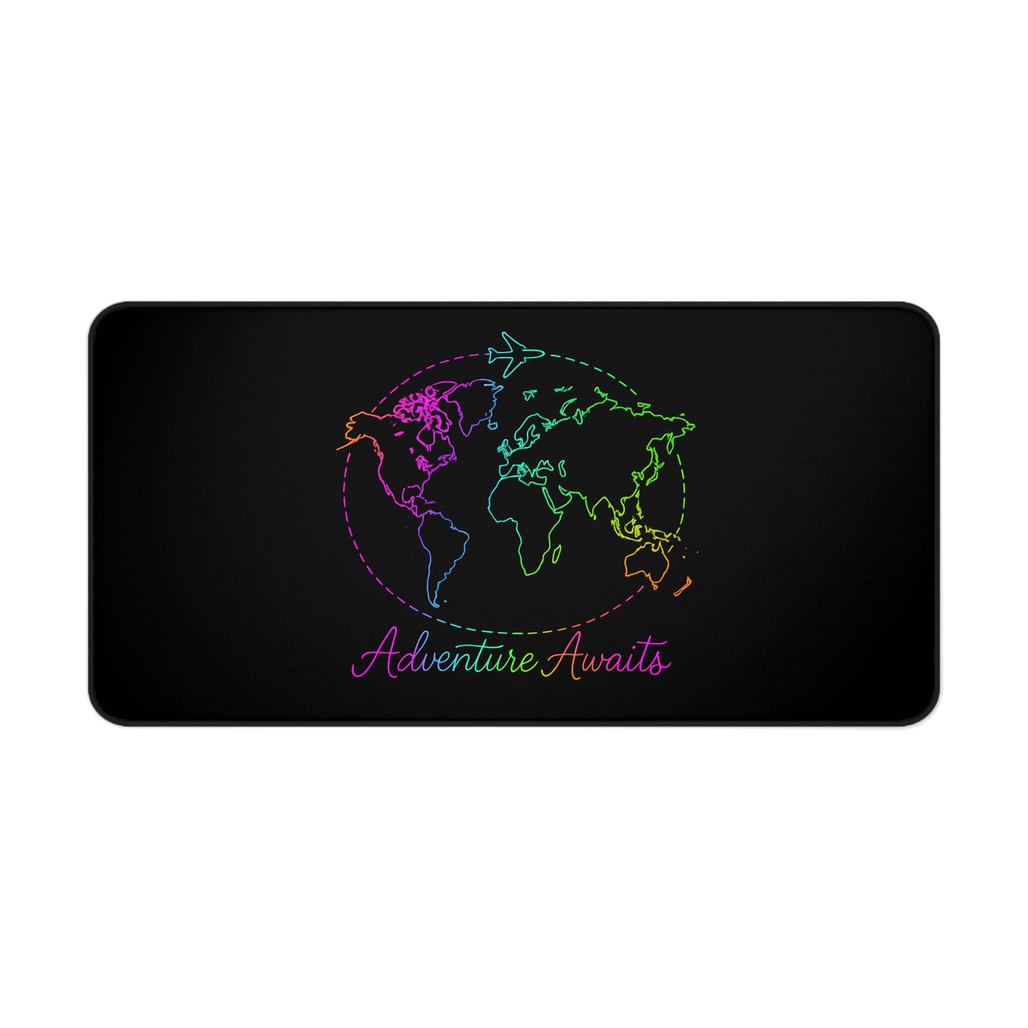 Adventure Awaits Neon Desk Mat - Y2K Rainbow World Map and Airplane XL Mouse Pad for Travel Aesthetic Office, Gaming & Study Desk