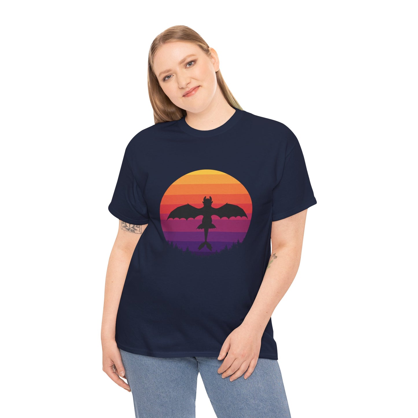 Night Dragon Sunset T-Shirt | Retro Dragon Silhouette Tee | Fantasy Dragon Shirt | Unisex Graphic Tee | Gift for Dragon Lovers