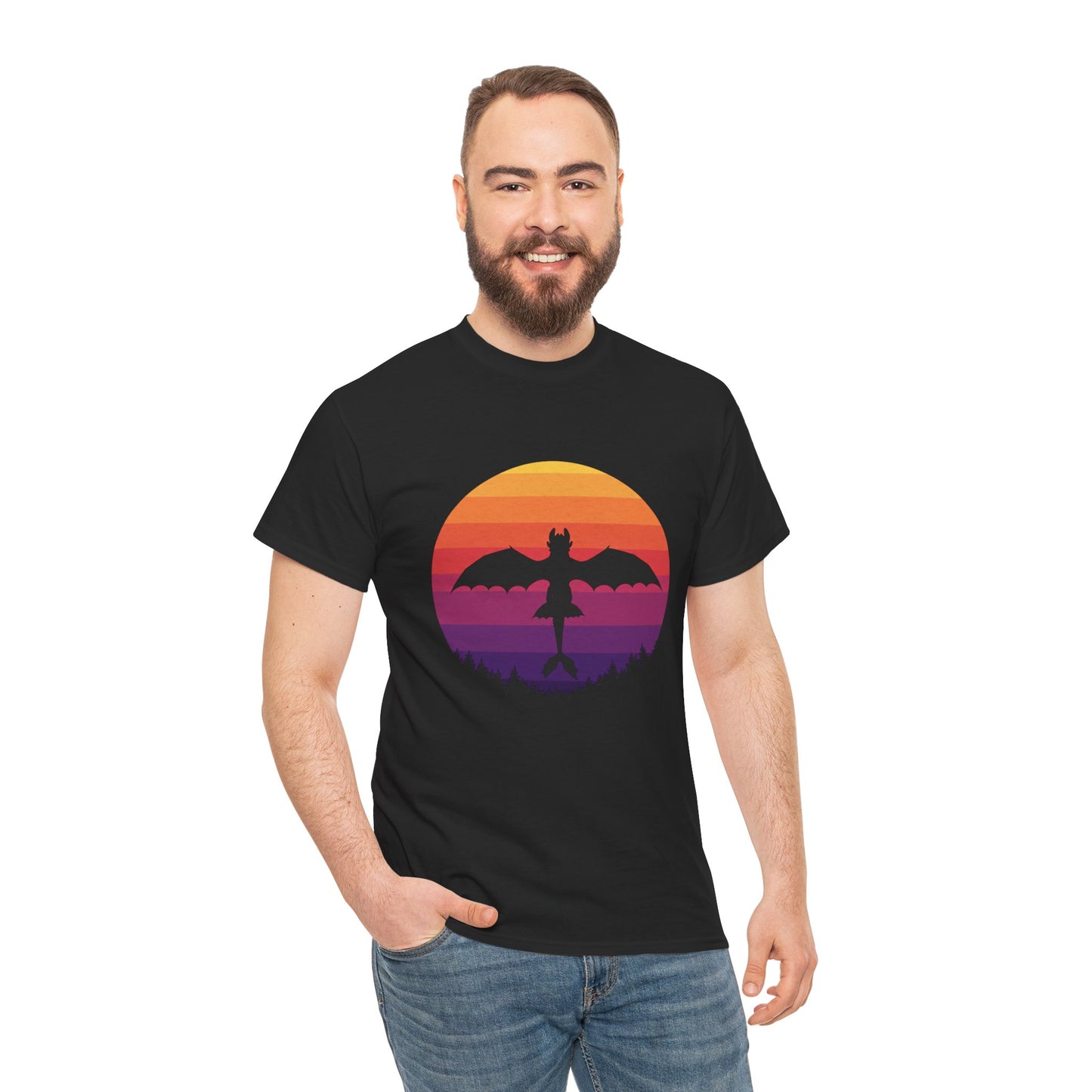 Night Dragon Sunset T-Shirt | Retro Dragon Silhouette Tee | Fantasy Dragon Shirt | Unisex Graphic Tee | Gift for Dragon Lovers