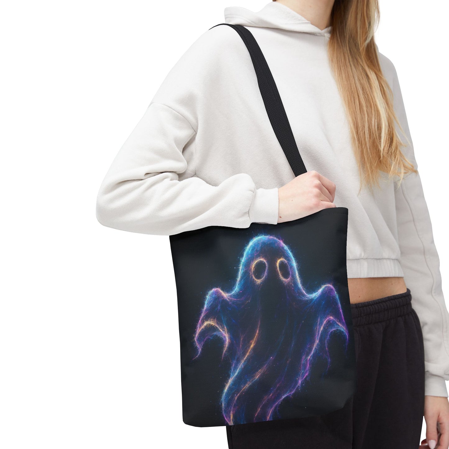 Neon Ghost Tote Bag, Spooky Halloween Canvas Tote, Glowing Cosmic Ghost Design Bag, Reusable Trick Or Treat Tote, Gothic Gift Accessory
