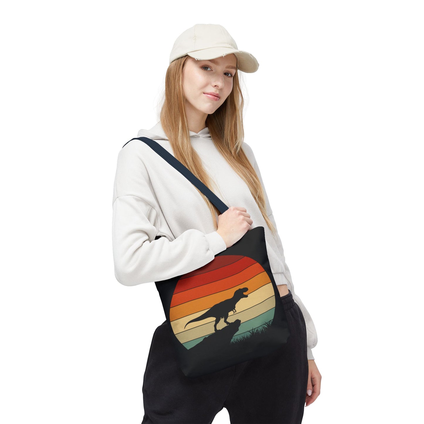 Retro Dinosaur Sunset Tote Bag | AOP Canvas Shopper - Eco Beach Bag for Dino Lovers and Kids, All-Over Print Summer Travel Gift