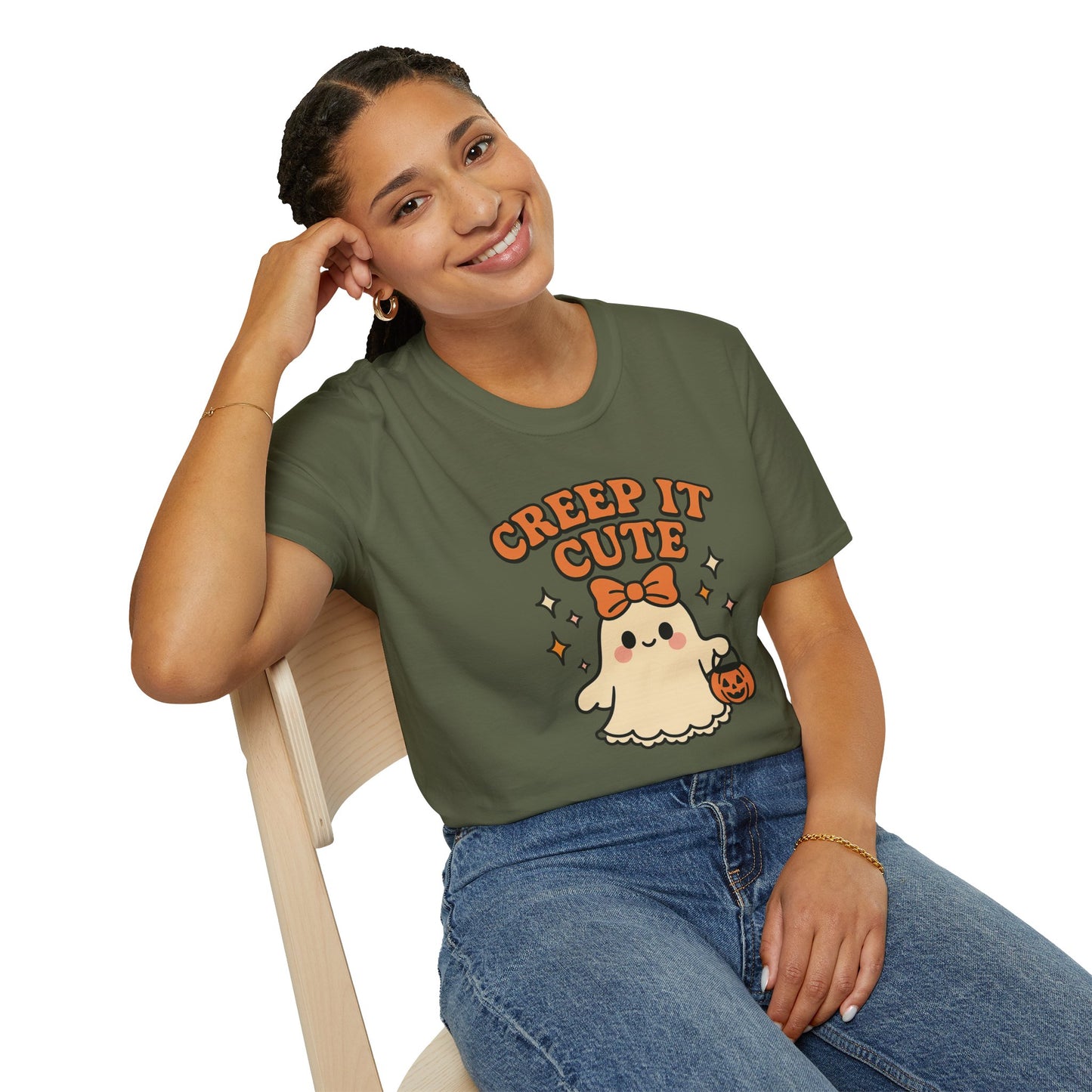 Creep It Cute Ghost Halloween Shirt - Kawaii Ghost Tee with Bow and Pumpkin, Spooky-Cute Fall Graphic T-Shirt, Spooky Season Halloween Top