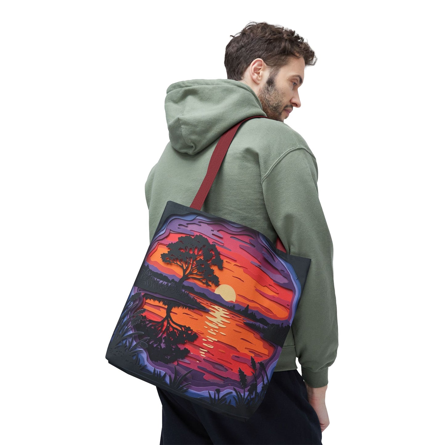 Sunset Landscape Canvas Tote Bag – Paper‑Art Inspired Nature Scene Tote – Colorful Sunset Market Tote, Eco Reusable Beach Bag, Vibrant Gift for Her