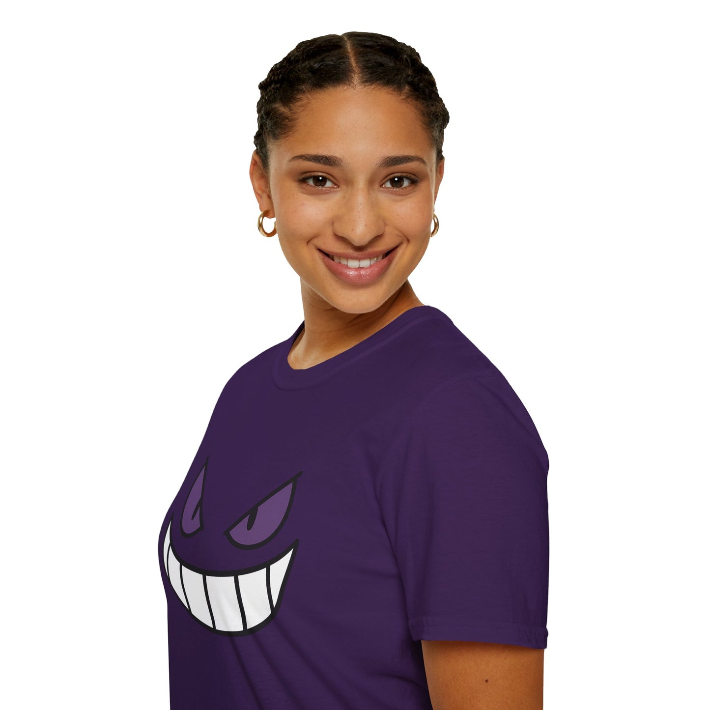 Mischievous Shadow Face Tee - Purple Eyes and Big Grin Graphic Shirt | Spooky Cute Gift, Retro Gaming Vibe, Funny Halloween Unisex Top