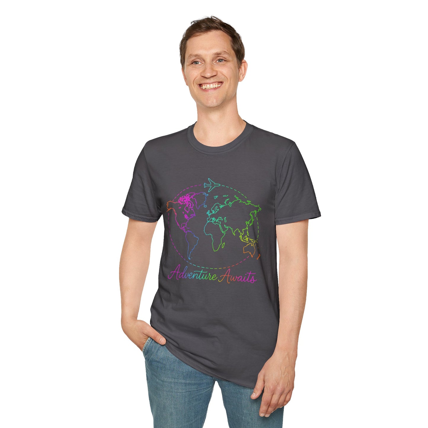 Adventure Awaits Neon Y2K Shirt - Retro Travel Tee, Rainbow Globe Graphic, Aesthetic Vacation Top, Y2K Gift for Travelers