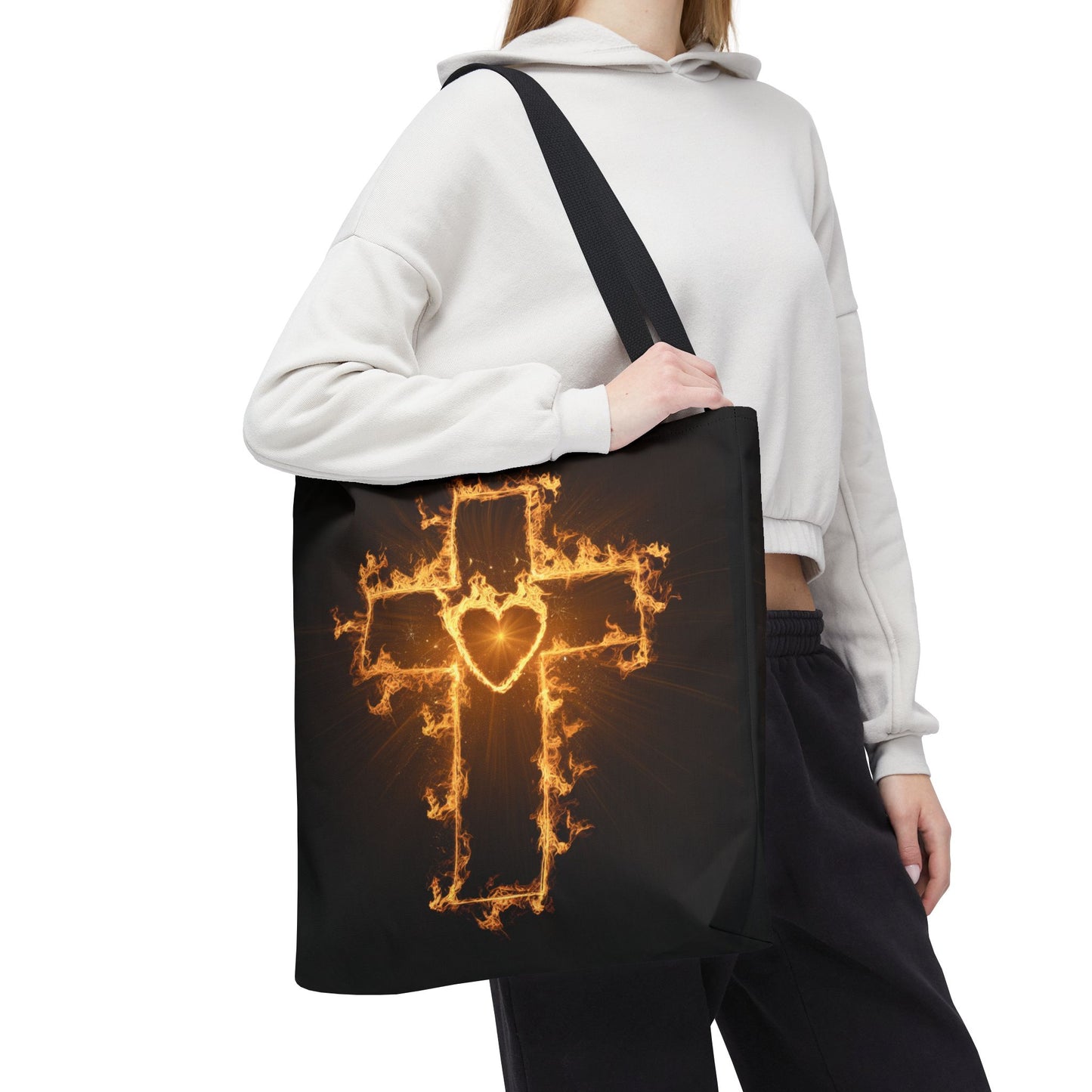Stylish Flame Cross Tote Bag - Faith-Inspired Fashion