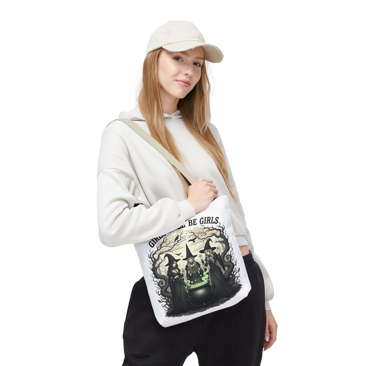 Girls Will Be Girls Halloween Tote Bag, Witchy Aesthetic Bag, Gothic Witches Cauldron Art, Spooky Gift, Reusable Eco Tote For Halloween Lovers