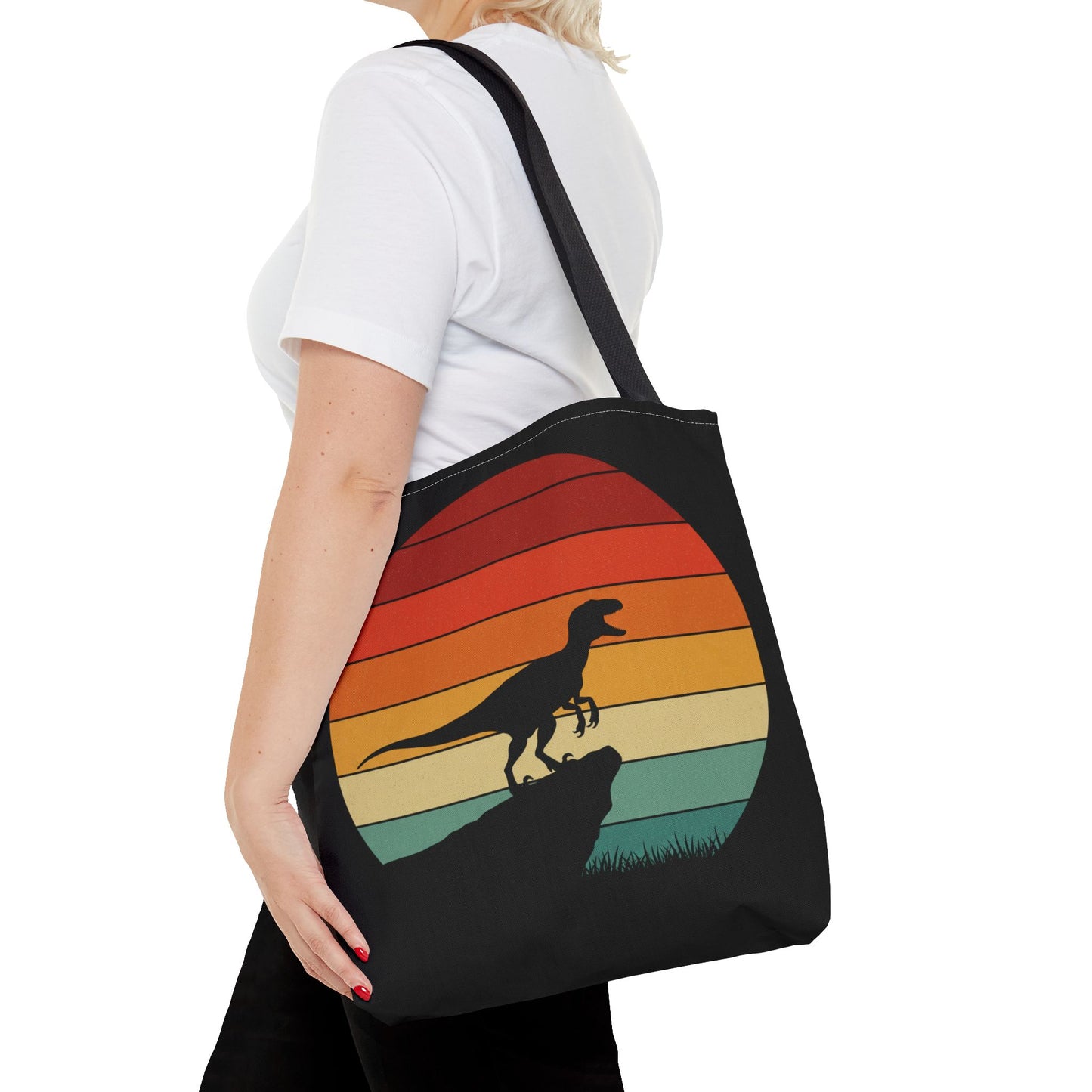 Retro Dino Sunset Tote Bag - Eco Canvas Dinosaur Beach Bag | Sustainable and Stylish Camping, Dino Lover Gift, Reusable Market Tote