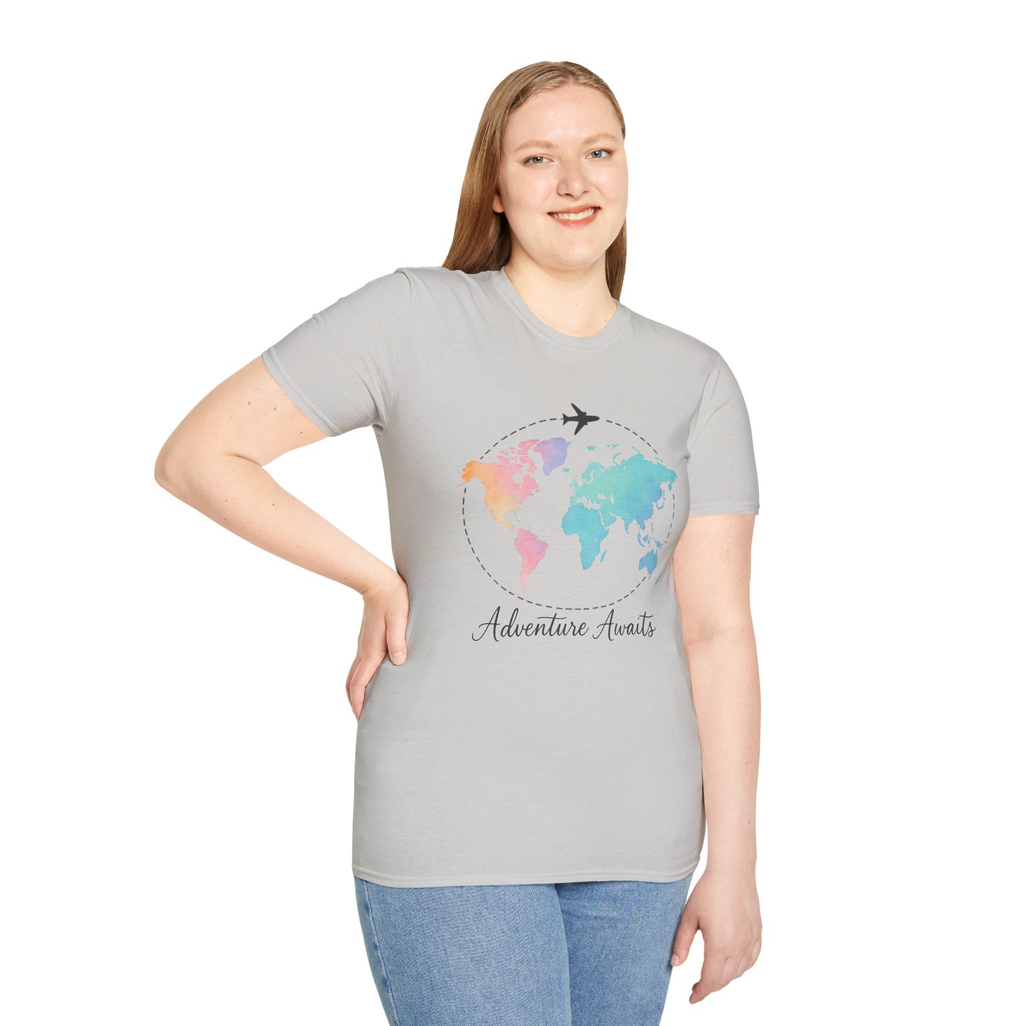 Adventure Awaits Travel Shirt | Watercolor World Map Tee for Women and Men | Wanderlust Gift for Travelers, Hikers, Campers, Beach Lovers