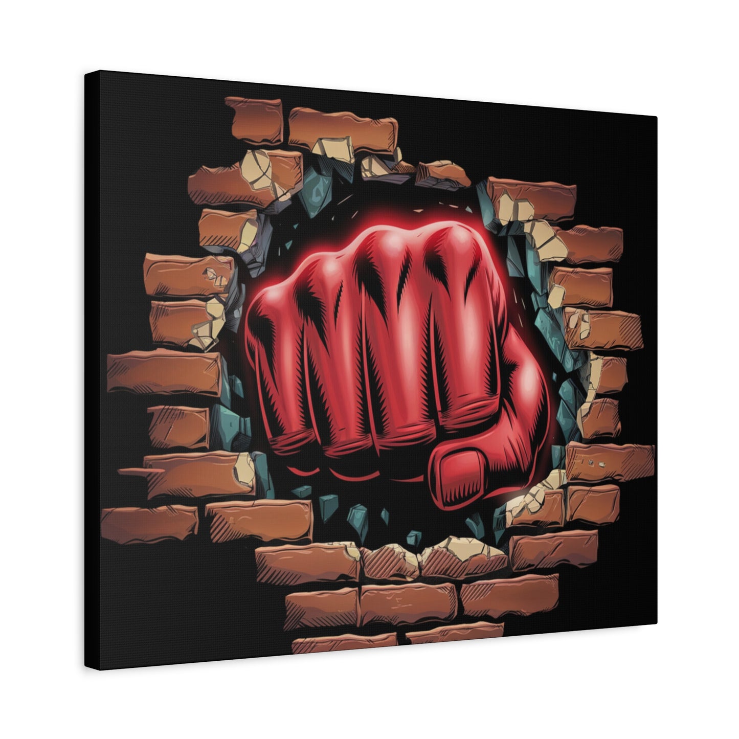 Canvas Wall Art - Red Fist Smashing Through Wall