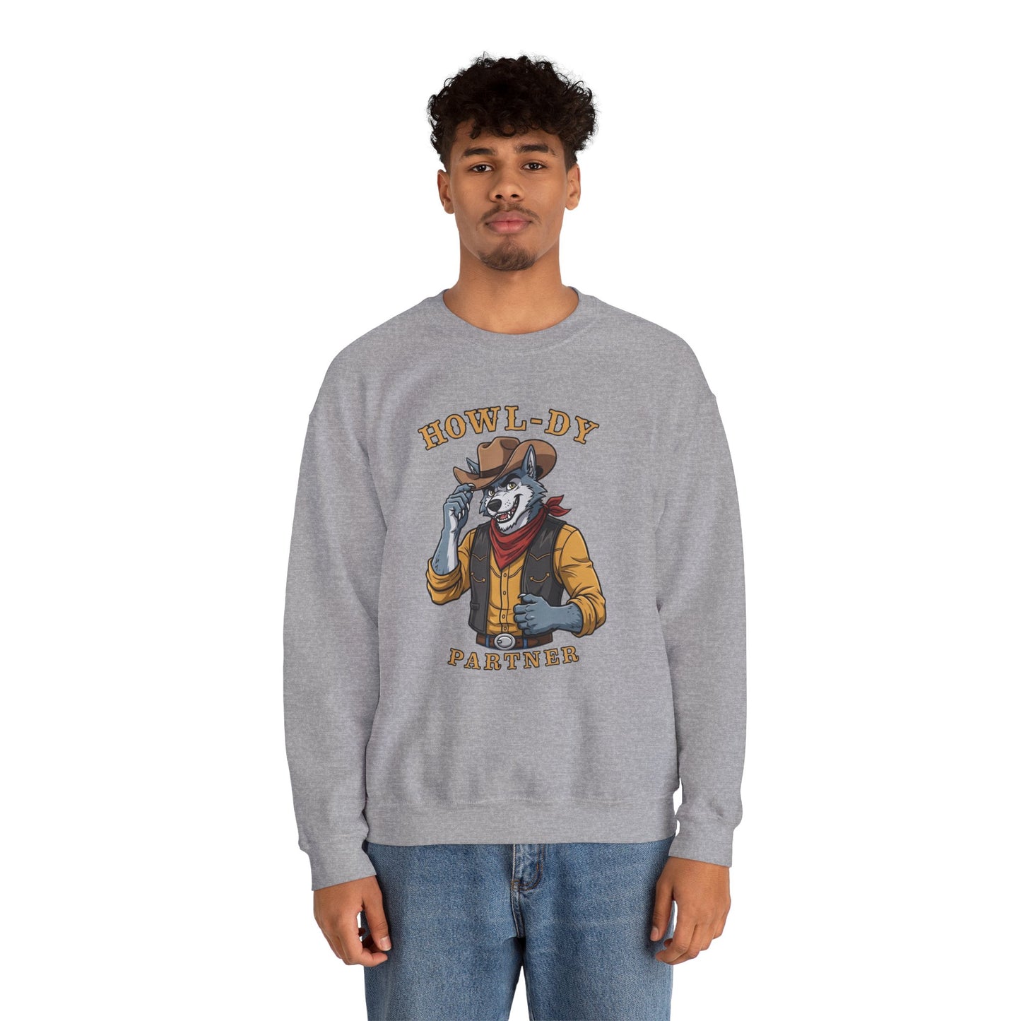 Howl-dy Partner Wolf Sweatshirt, Cowboy Werewolf Halloween Crewneck, Western Spooky Graphic Pullover for Animal Lover Gift Sweatshirt