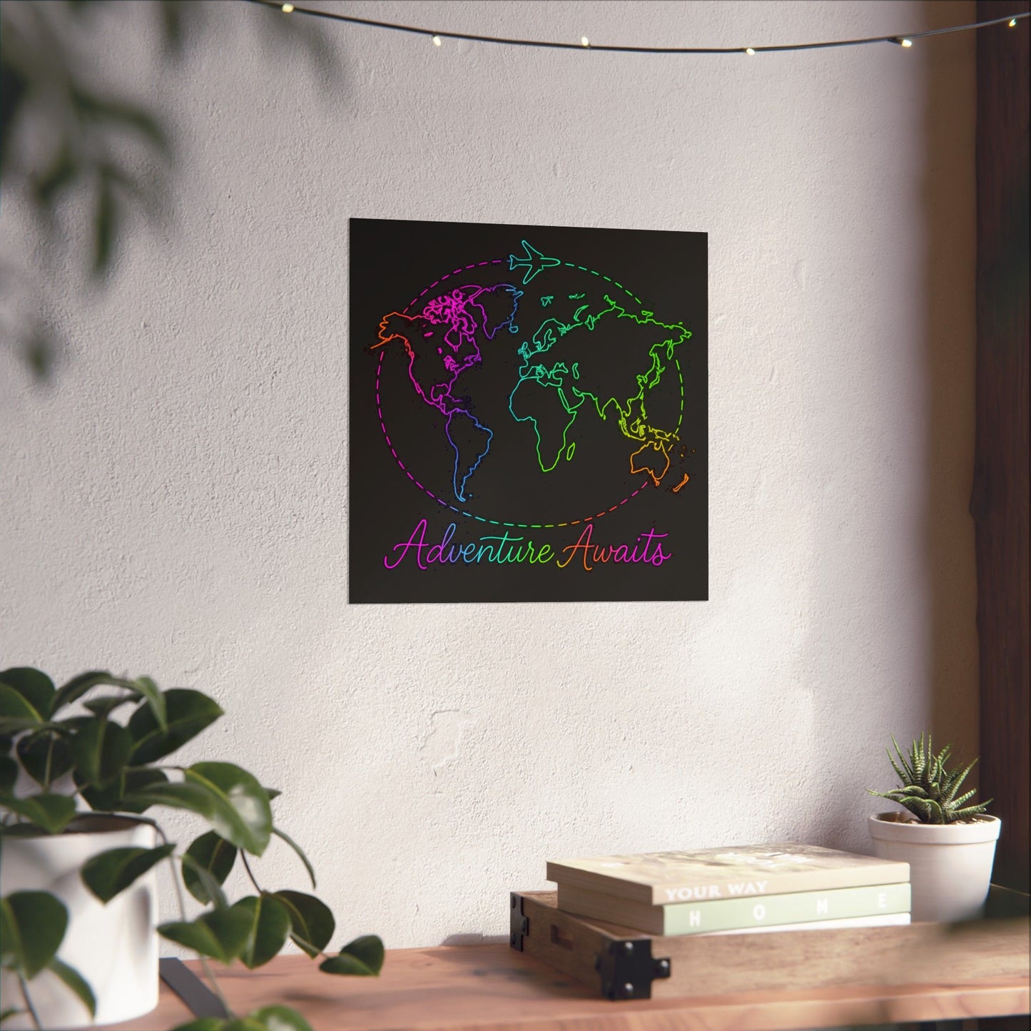 Adventure Awaits Neon Poster - Y2K Rainbow World Map and Plane Wall Art - Travel Aesthetic Decor for Office, Dorm, Bedroom + Gift