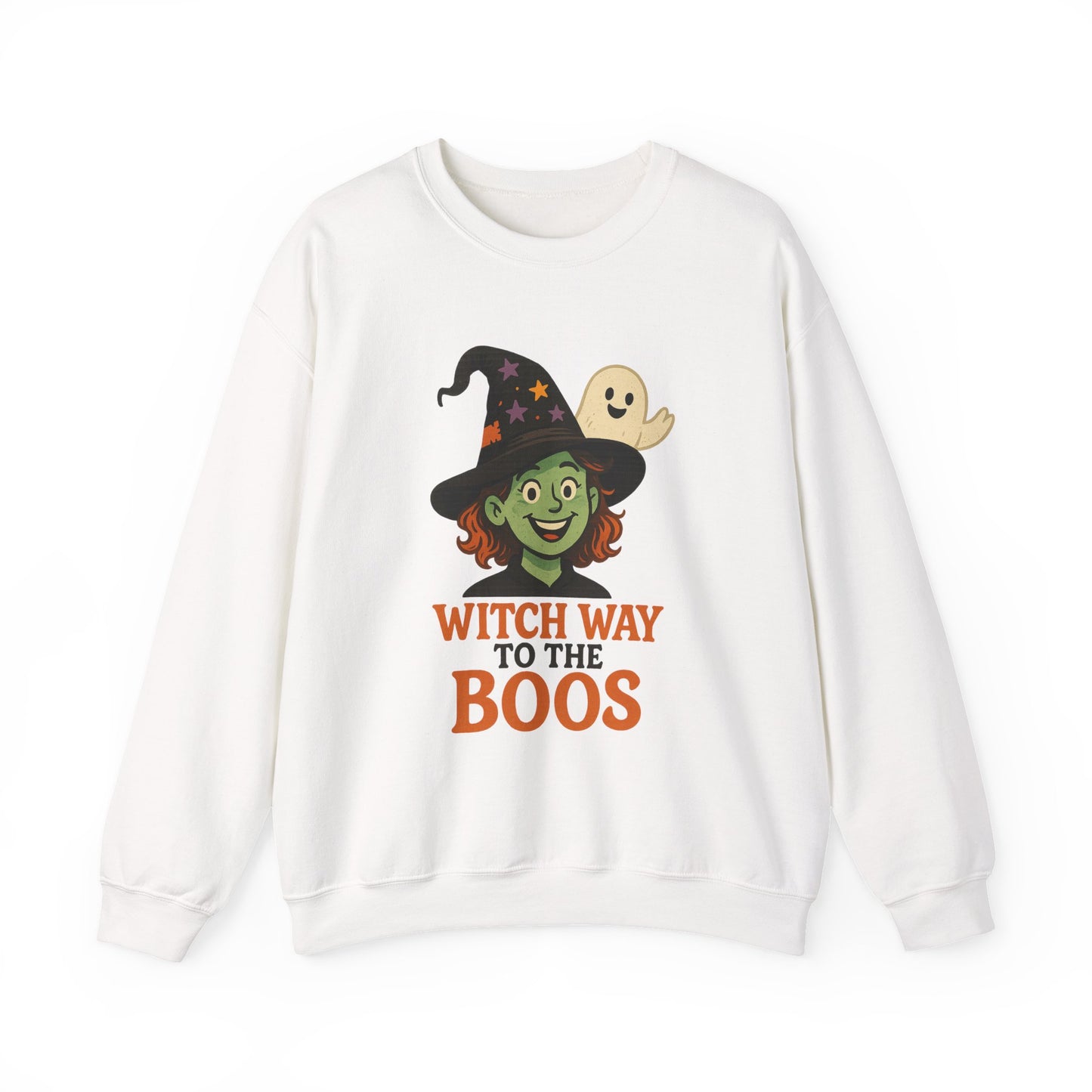 Witch Way To The Boos Sweatshirt, Funny Witch Halloween Crewneck, Witchy Ghost Sweatshirt, Spooky Season Graphic Pullover, Lighthearted Halloween Wear