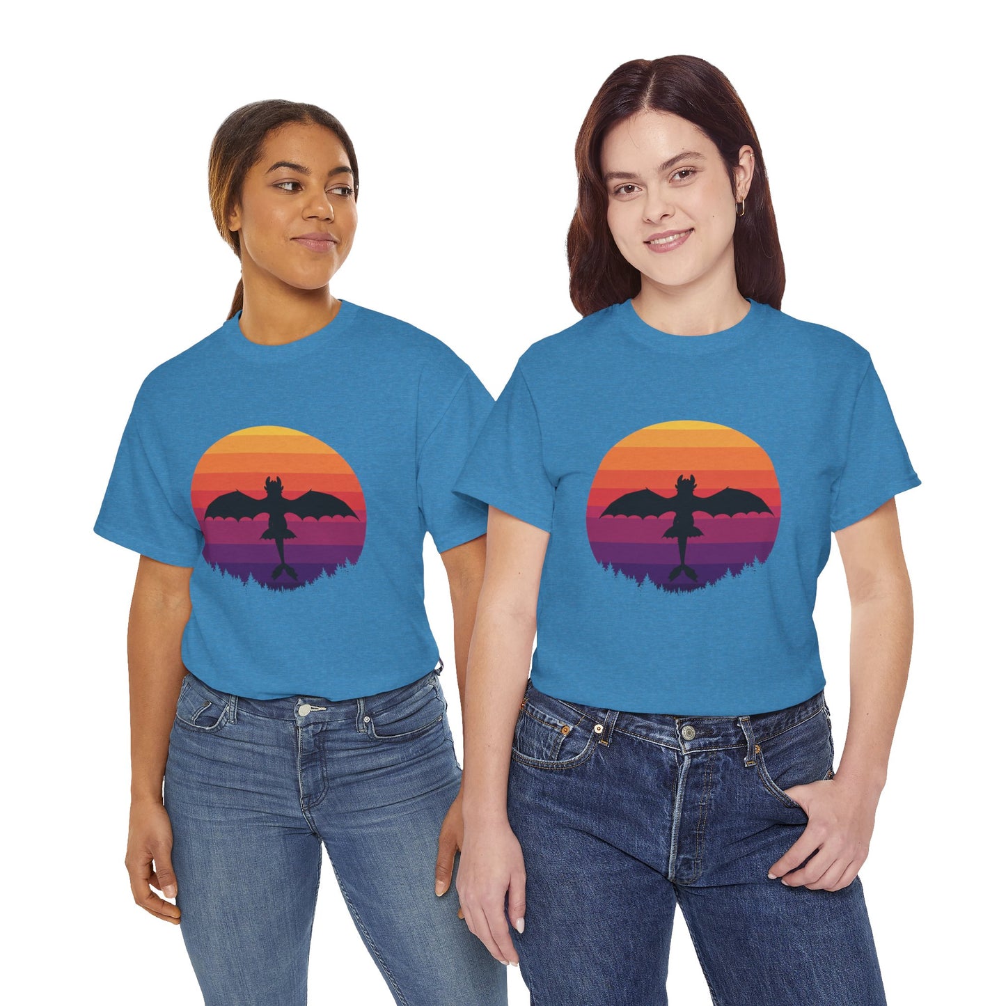 Night Dragon Sunset T-Shirt | Retro Dragon Silhouette Tee | Fantasy Dragon Shirt | Unisex Graphic Tee | Gift for Dragon Lovers