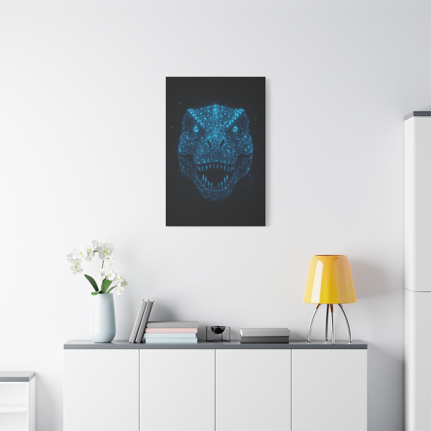 T-Rex Canvas Art - Blue Bioluminescent Particles Dinosaur Wall Decor, Modern Sci-Fi Bedroom Print, Kids and Adult Room Art Gift