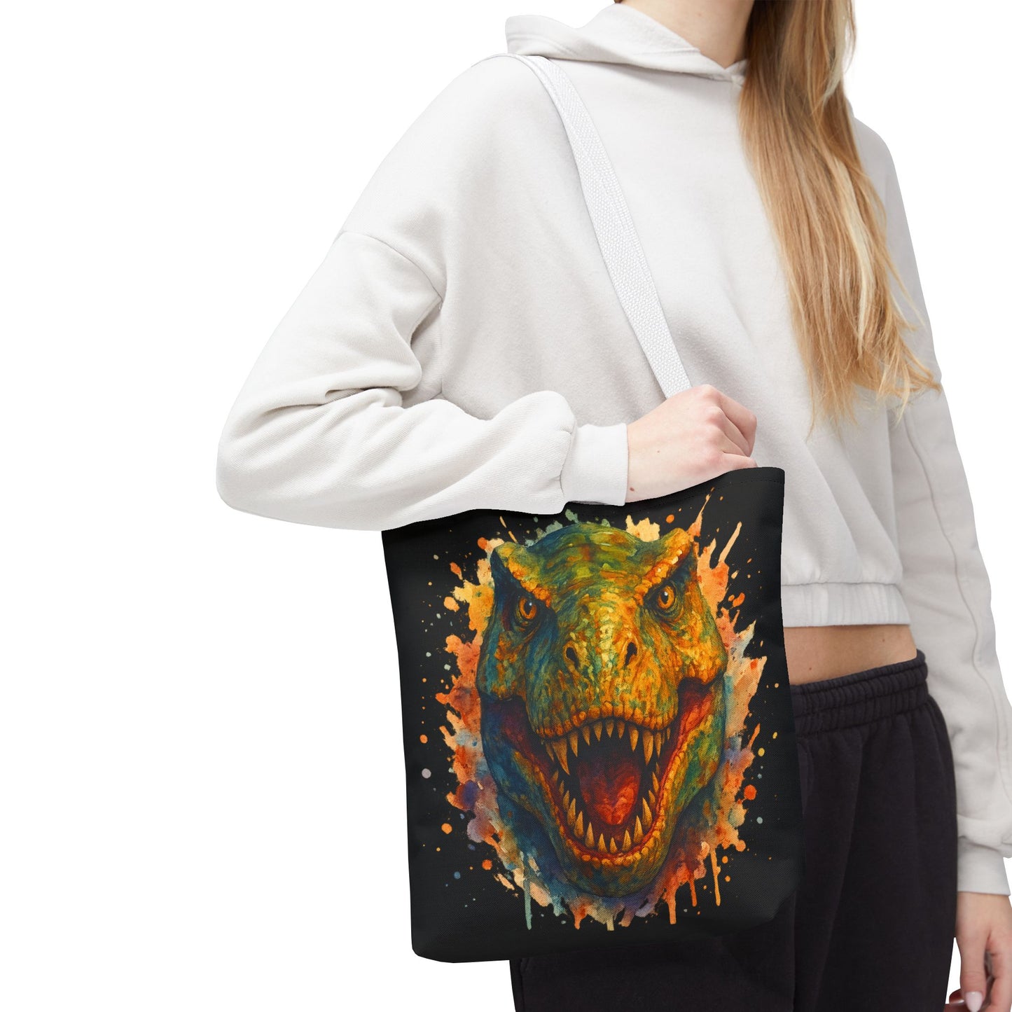 T-Rex Watercolor Tote Bag - 100% Polyester Canvas, Vibrant Dinosaur Art Bag, Reusable Beach-Market Tote, Dino Lover Gift, Bold Style