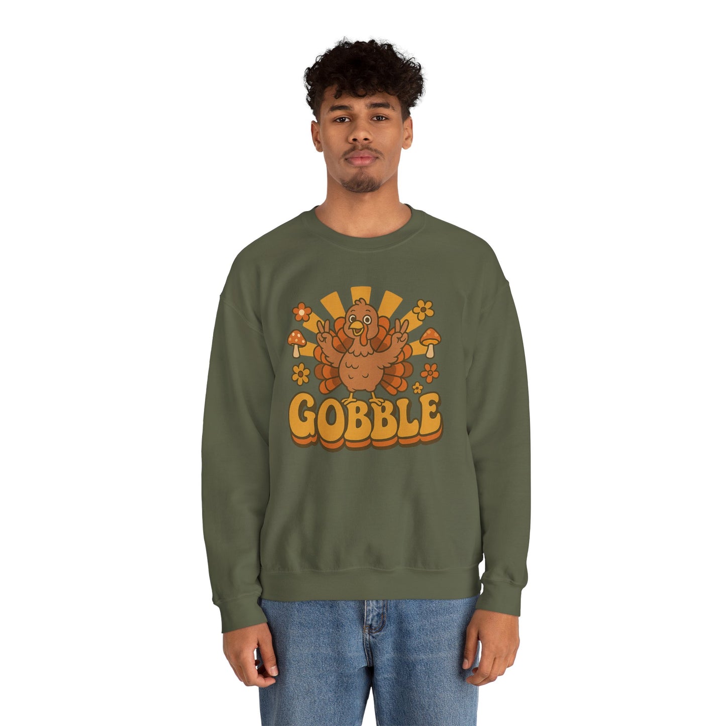 Gobble Turkey Sweatshirt, Retro Fall Turkey Crewneck, Thanksgiving Graphic Pullover, Autumn Mushroom & Flower Design, Cozy Fall Top