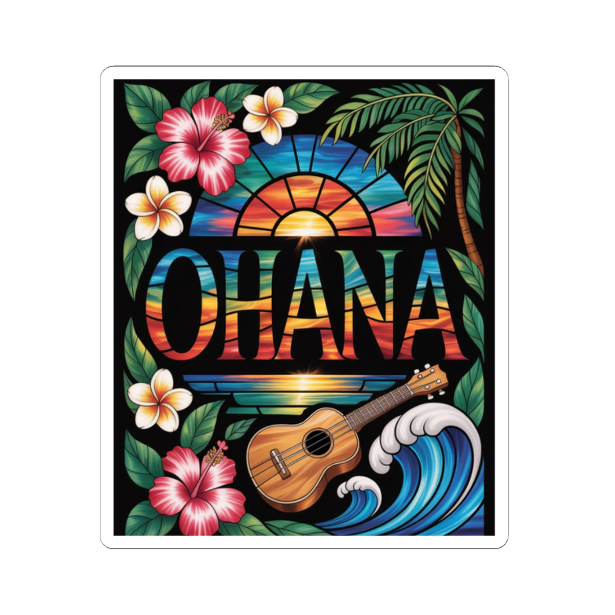 Ohana Sticker - Hawaiian Aesthetic Decal, Tropical Sunset, Ukulele, Hibiscus Flowers, Aloha Vibes