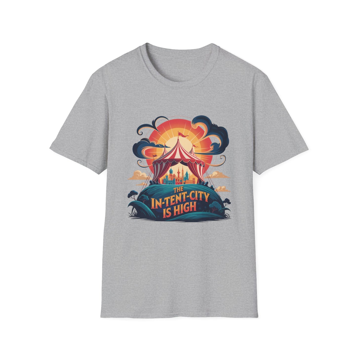 In-Tent-City Is High Retro Camp T-Shirt | Vintage Circus Tent + Cityscape Graphic | Funny Outdoors Urban Adventure Tee | Unisex Camper Shirt