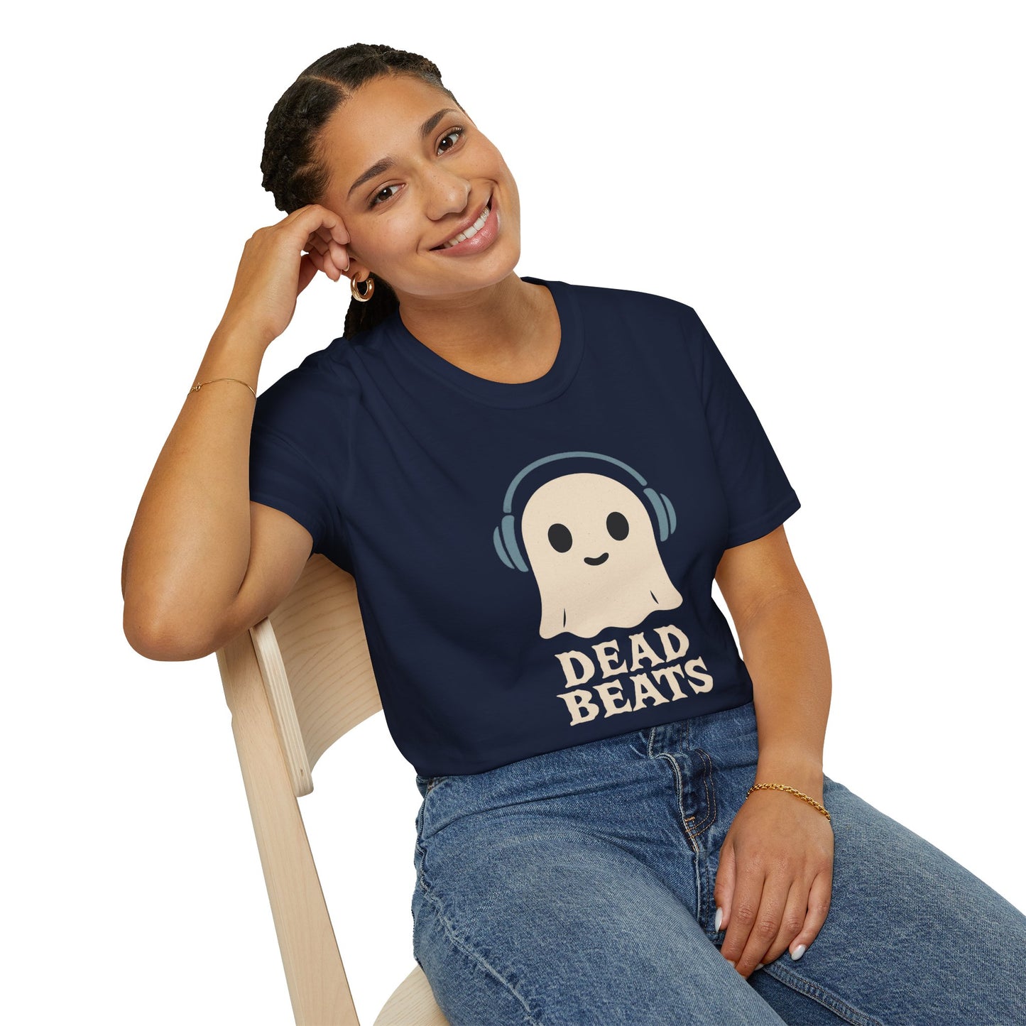Dead Beats Ghost T-Shirt - Funny Music Halloween Shirt - Cute Ghost with Headphones Tee - Gift for DJs, Musicians and Spooky Season