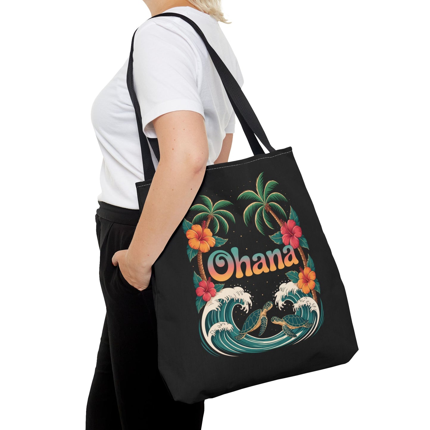 Ohana Tote Bag – Hawaiian Beach Tote with Sea Turtles & Palm Trees – Floral Tropical Reusable Bag, Summer Gift, Aesthetic Travel Purse