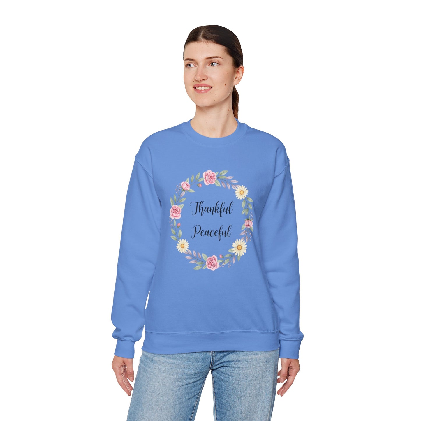 Thankful Peaceful Sweatshirt, Floral Wreath Crewneck, Inspirational Quote Sweater, Positive Message Pullover, Uplifting Gift For Women