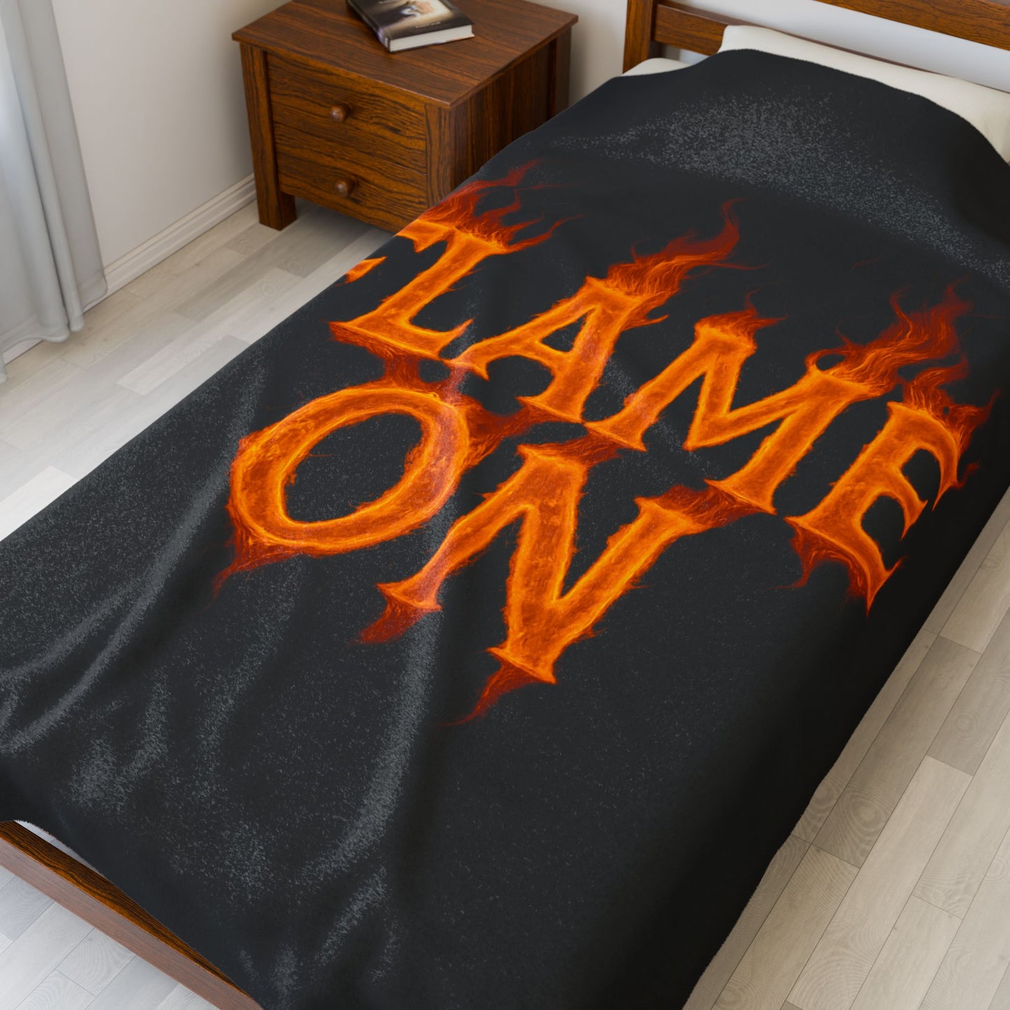 Flame On Fire Typography Blanket - Bold Flame Text Fleece Throw for Comic Fans, Cozy Fire Aesthetic Decor, Hero-Inspired Bedding Gift