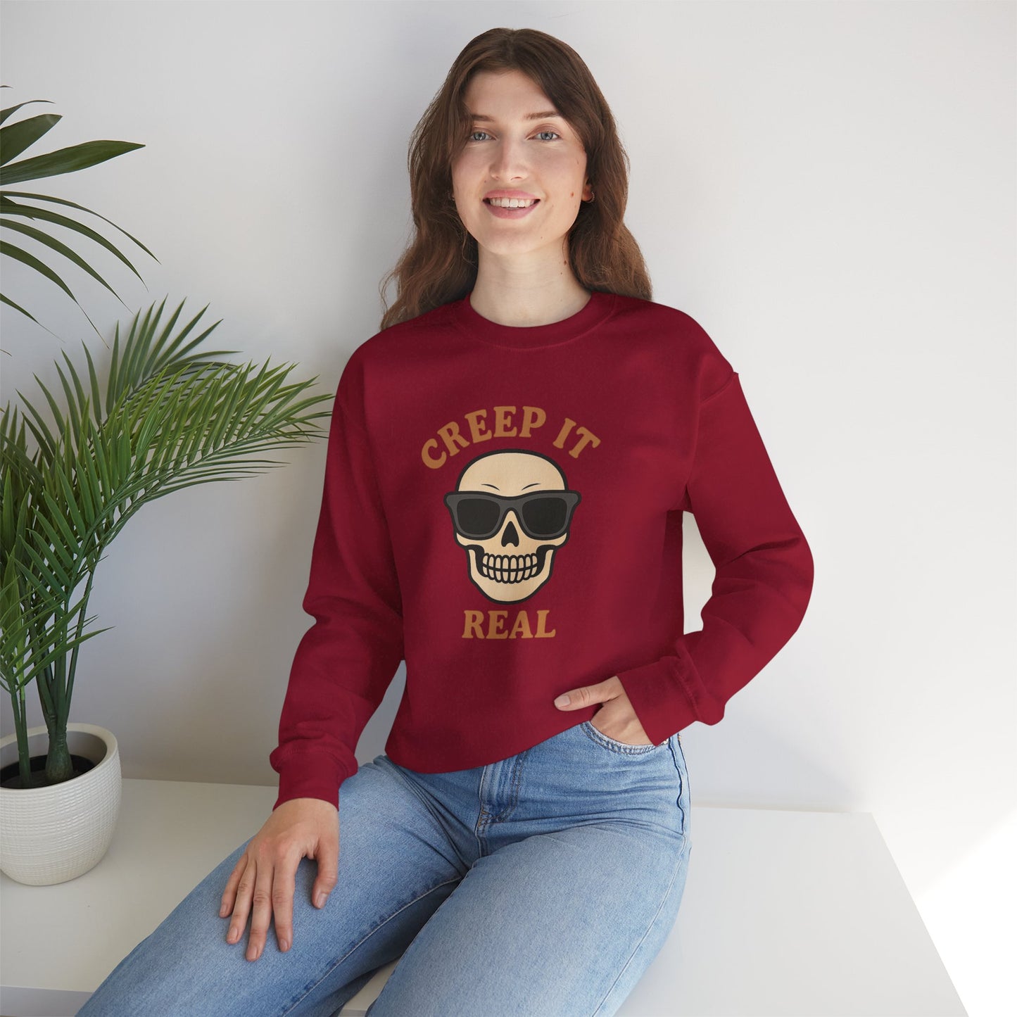 Creep It Real Skull Sweatshirt, Funny Halloween Skull Crewneck, Spooky Skeleton Pullover, Dark Graphic Sweatshirt, Unisex Halloween Gift