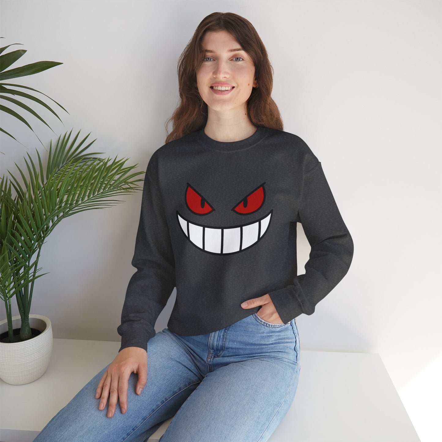 Evil Grin Sweatshirt, Creepy Skull Face Crewneck, Spooky Halloween Pullover, Dark Grinning Ghost Tee, Unisex Scary Smile Sweatshirt